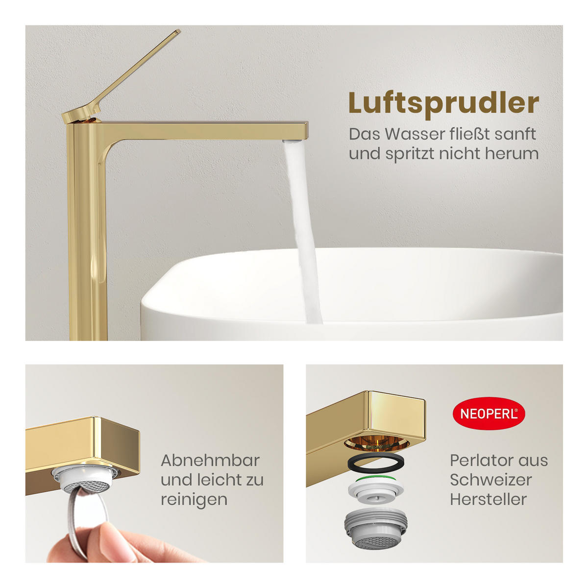 WASCHTISCHARMATUR mit Zertifiziertem Filterelement Champagnergold Hoher Stil - Goldfarben, Metall (23.3/4.6/33.5cm) - EMKE