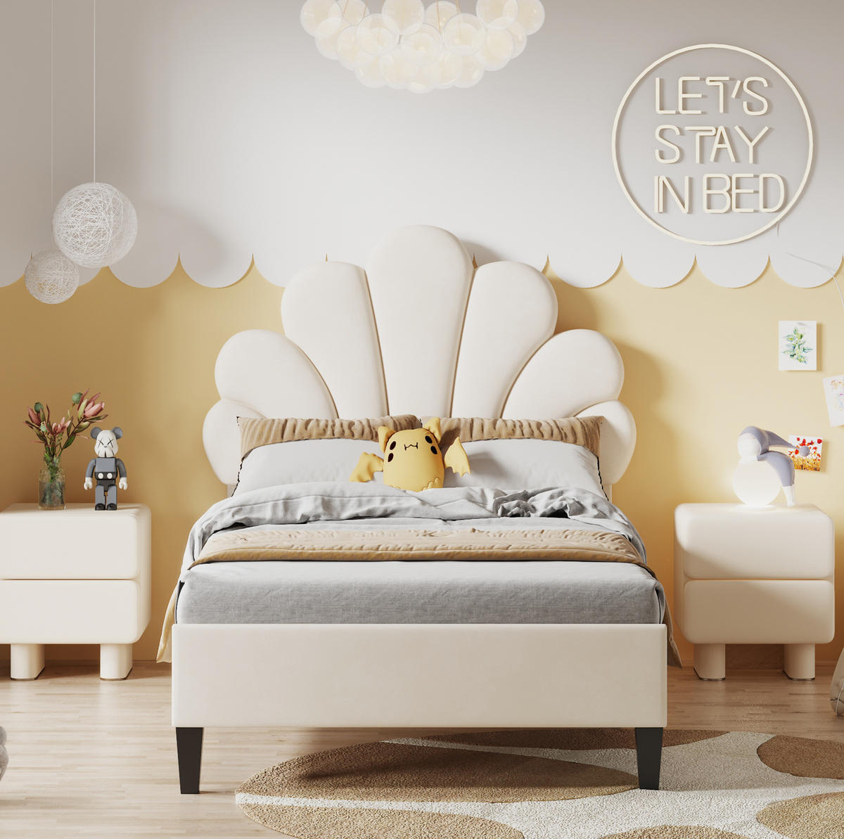 POLSTERBETT 90/200 cm Beige aus Samtstoff mit Blumen-Kopfteil - Beige, Textil (90/200cm) - OKMYHOME