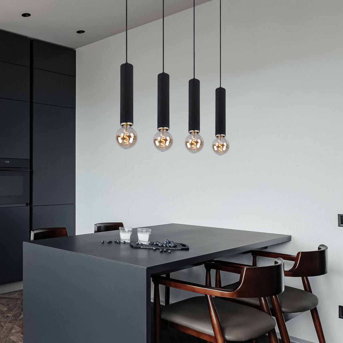 LED HÄNGELEUCHTE Metall Holzoptik Schwarz 4-flammig - Schwarz, Holz (93/10/120cm) - Globo Lighting