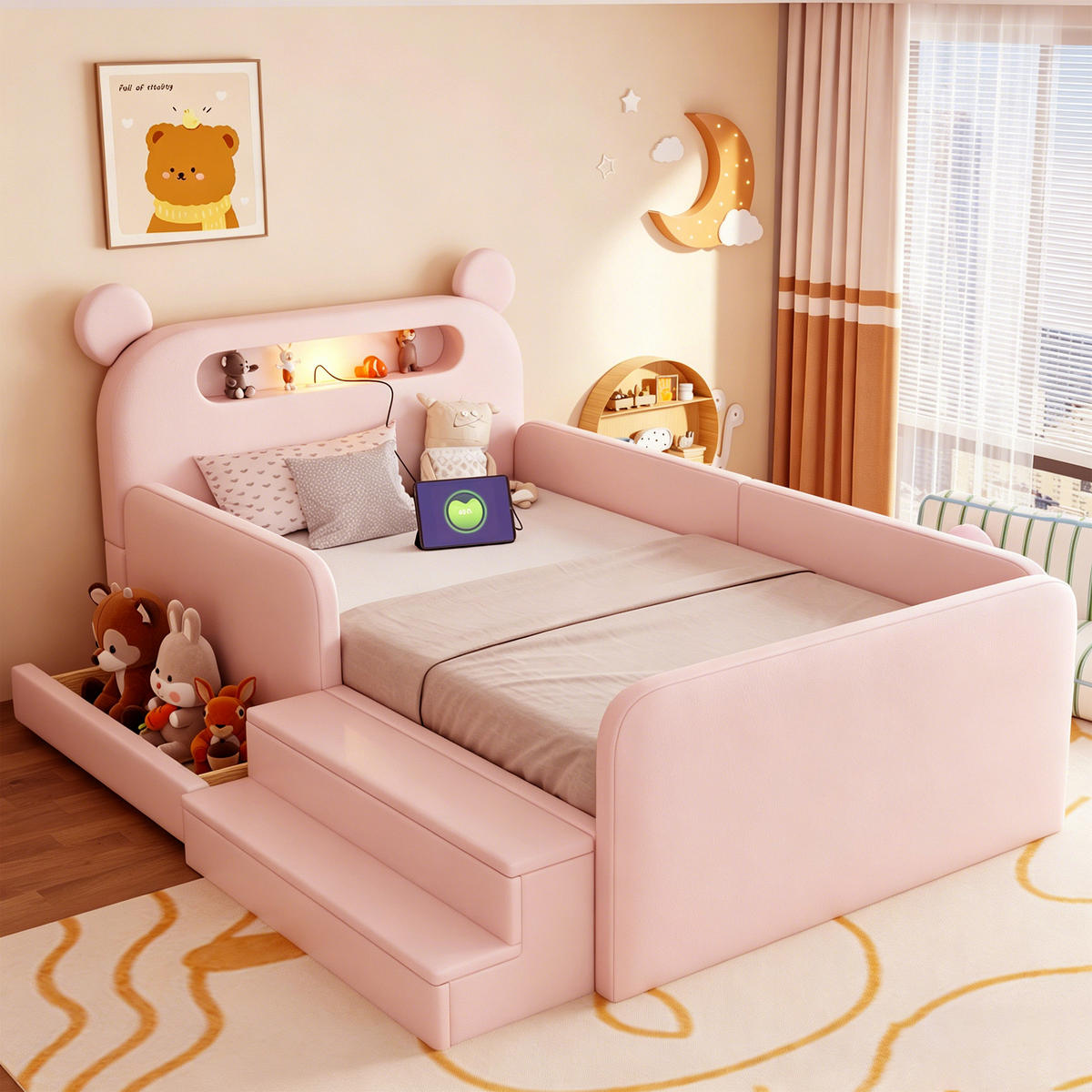 POLSTERBETT 90/200 cm in Rosa Kunstleder mit Nachtlicht, USB, Stauraum und Stufensitz - Rosa, Holzwerkstoff/Textil (90/200cm) - WISHDOR