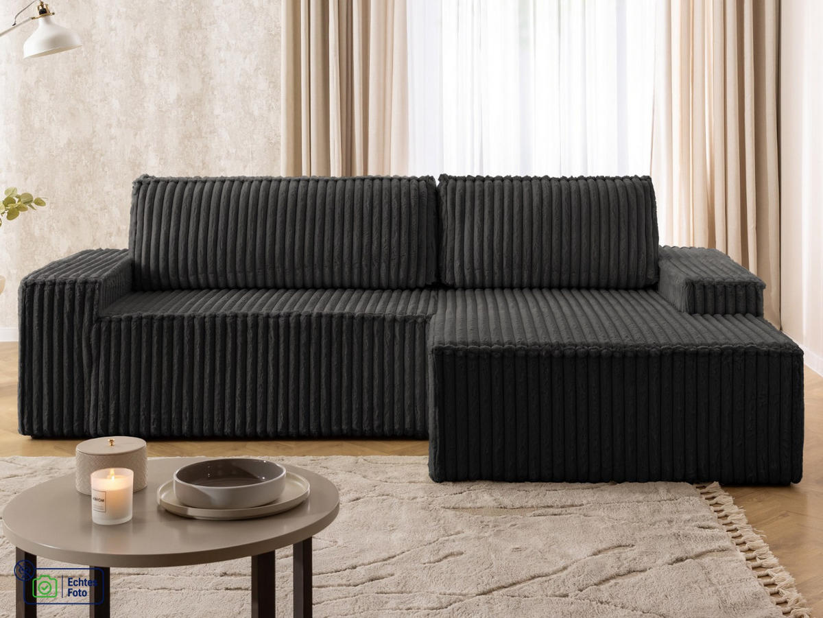ECKSOFA Rivio mit Schlaffunktion und Bettkasten, Plüschcord Dunkelgrau - Dunkelgrau/Schwarz, Holz/Kunststoff (262/149cm) - S-Style