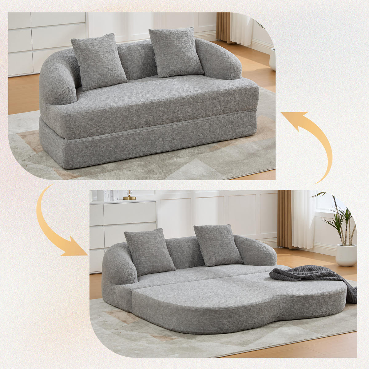 SCHLAFSOFA, 2 Sitzer aus Chenille, Klappsofa Bodensofa mit Schlaffunktion, Hellgrau - Hellgrau, Textil (157/44/153cm) - LVHOM