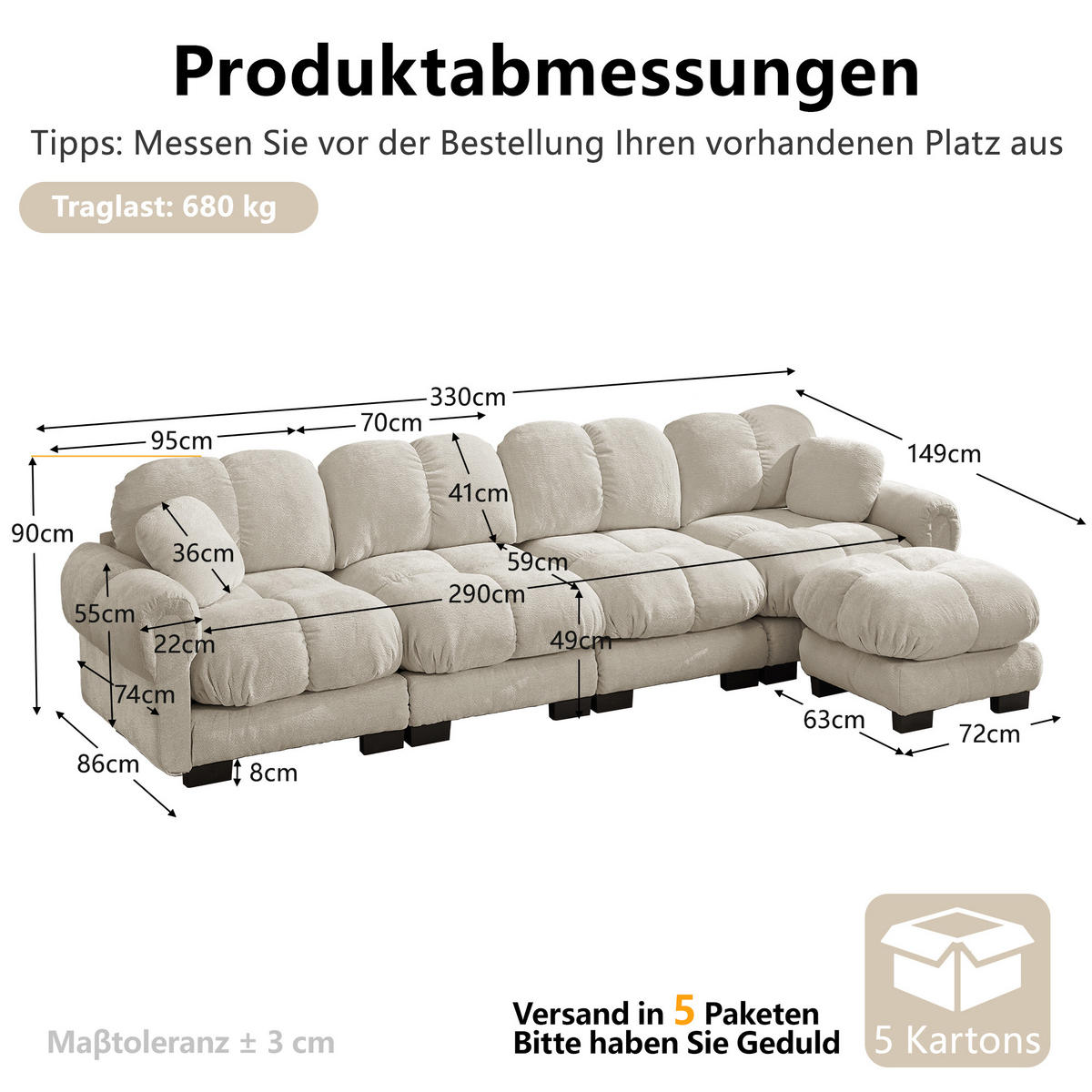 ECKSOFA 330/149/90 cm Hellkhaki Cord mit mobiler Ottomane und 2 kleinen Dekokissen - Kaschmir/Graubraun, Textil (330/149cm) - Oxeza