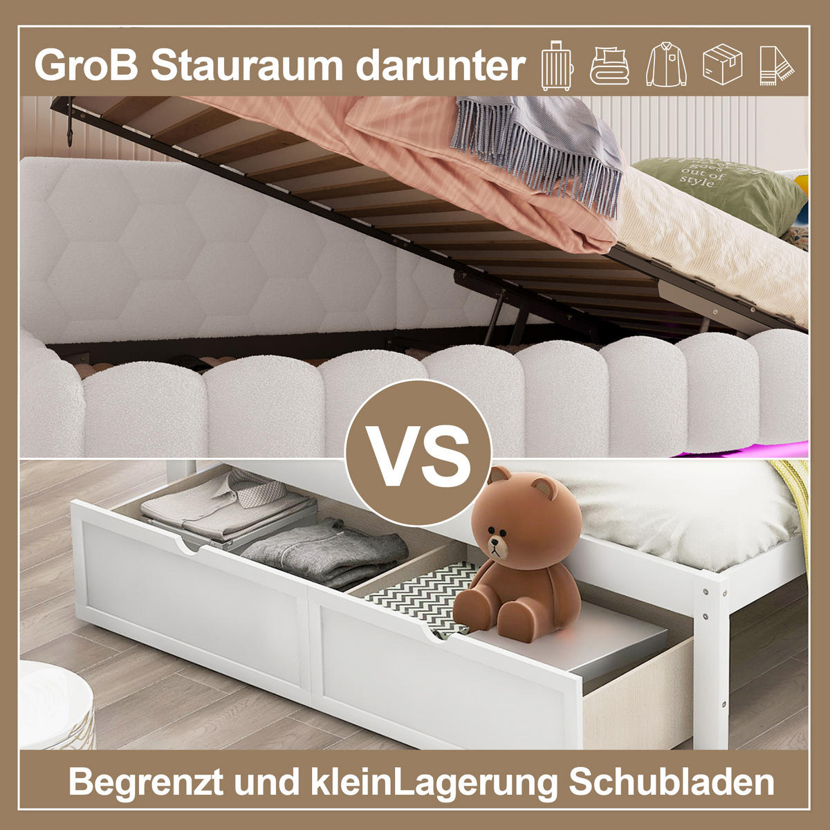 KINDERBETT 90x200cm mit Lattenrost (ohne Matratze)，mit LED-Lichtleiste- Weiß - Weiß, Holz/Textil (90/200cm) - KOMHTOM