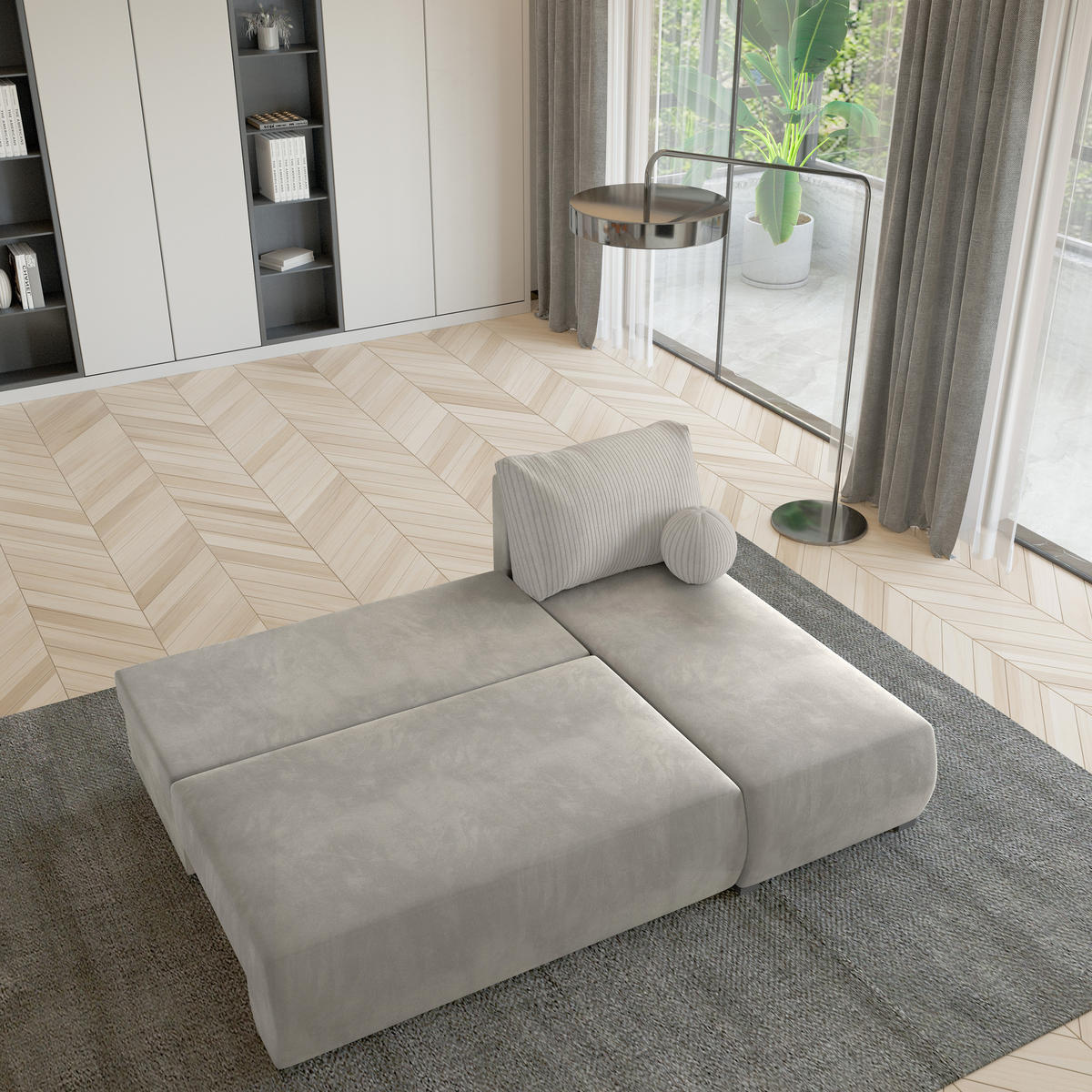 ECKSOFA PARVELO Creme Plüsch-Stoff mit Schlaffunktion - Creme, Holz (200/143cm) - MASSENO