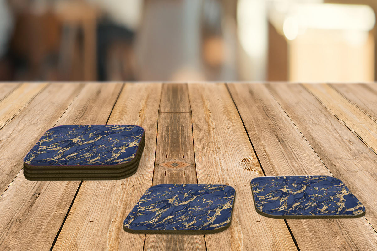 GLASUNTERSETZER 6er-Set Blau - Gold - Muster - Marmor 10x10 cm - Dunkelblau, Naturmaterialien (10/0.2cm) - MuchoWow