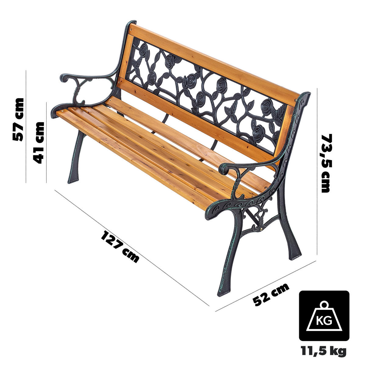 GARTENBANK aus Holz und Gusseisen, 2-Sitzer Holzbank mit Armlehnen & Rückenlehne - Hellbraun, Holz (52/73.5/127cm) - KADAX