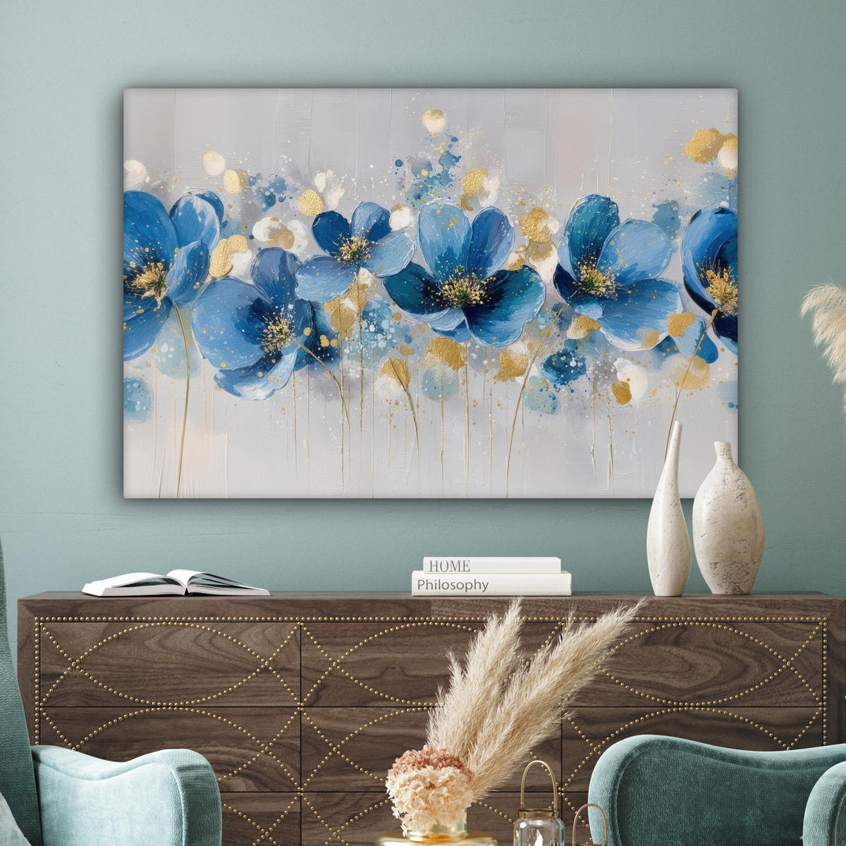 LEINWANDBILD Blumen - Blau - Abstrakt Groß 140x90 cm - Hellgrau, Textil (140/90cm) - MuchoWow