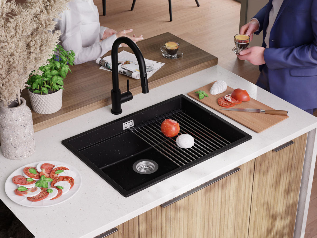 SPÜLBECKEN Praga Slim, 2-er set Schwarz Metallic 66/47 cm 1 Becken + Ablauf-Set + Aufrollbare Abtropffläche ab 70er Unterschrank - Chromfarben/Schwarz Hochglanz, Kunststoff (66/20/47cm) - Primagran