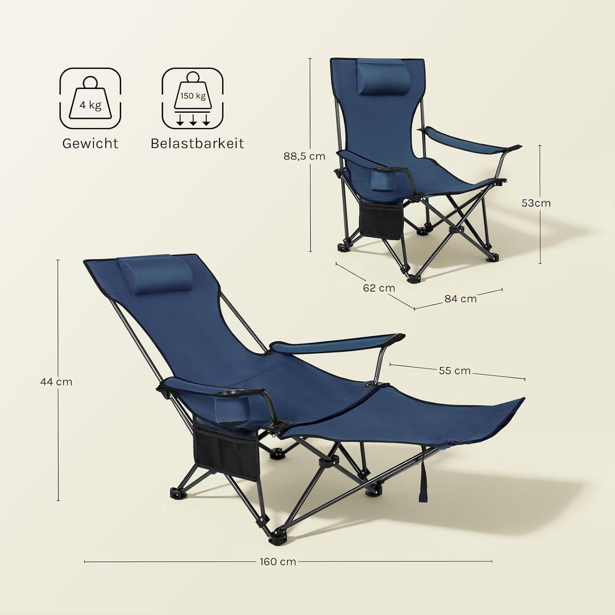 CAMPINGSTUHL Faltbar 2er Set mit Fußablage Blau - Blau, Textil (84/88.5/160cm) - Woltu