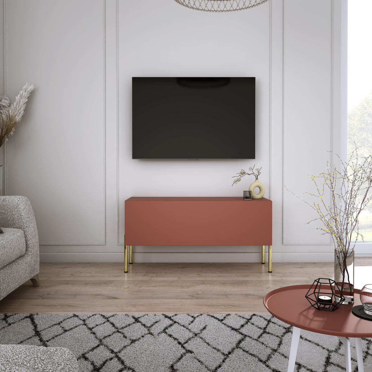 TV-SCHRANK : Ziegelrot, 100 x 52 x 32 cm, Goldene Beine - Rot/Goldfarben, Holzwerkstoff/Metall (100/52/32cm) - 3XE LIVING