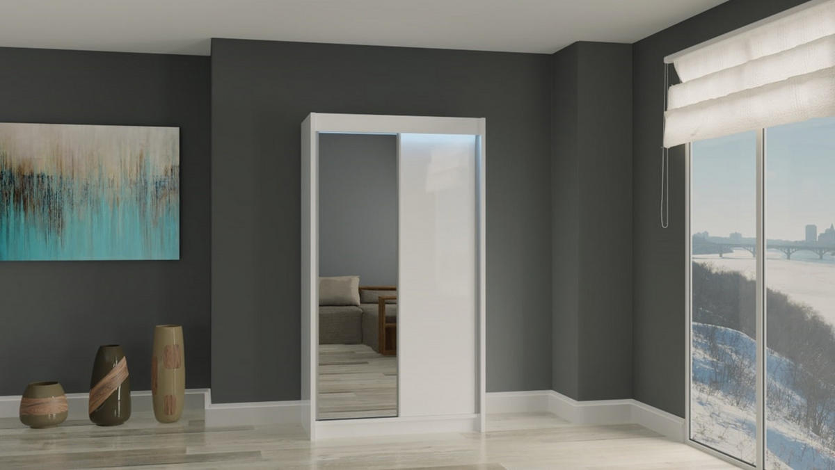 KLEIDERSCHRANK mit Spiegel-Schiebetüren und Aluminium-Leisten, LED-Beleuchtung - PARTI - 150 cm Weiß - Weiß, Holzwerkstoff (150/216/61cm) - ALTDECOR