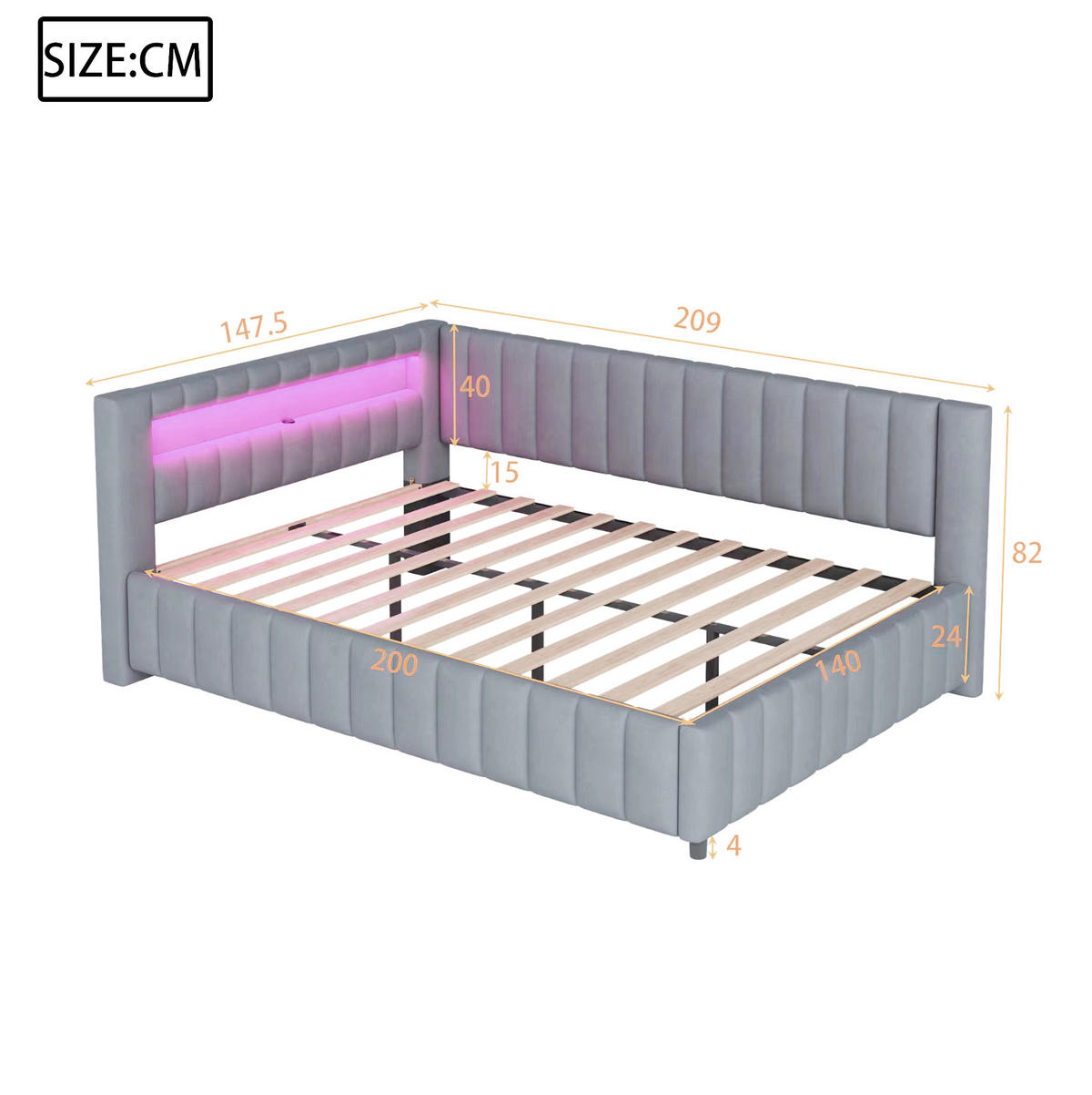 POLSTERBETT 140/200 cm aus Samt mit LED-Beleuchtung, USB-Anschluss und Rückenlehne, Grau - Grau, Textil (140/200cm) - Redom