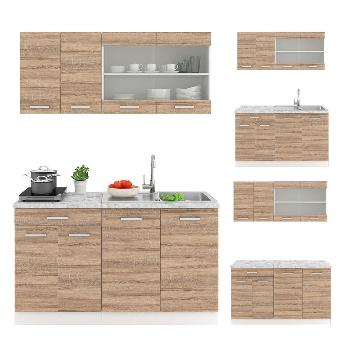 SINGLEKÜCHE R-Line Sonoma 140 cm, AP Marmor - Weiß/Sonoma Eiche, Holzwerkstoff (140/81.6/60cm) - Vicco