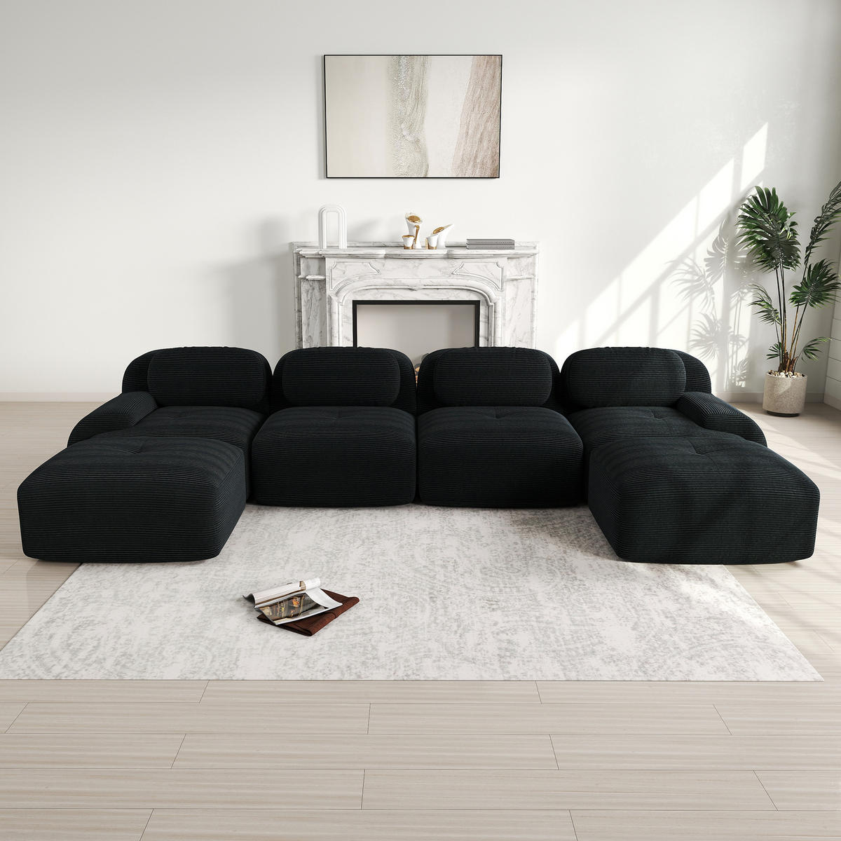 ECKSOFA 388/178/75 cm schwarz aus Cordstoff montagefrei mit ergonomischer Form - Schwarz, Textil (178/388cm) - OKWISH
