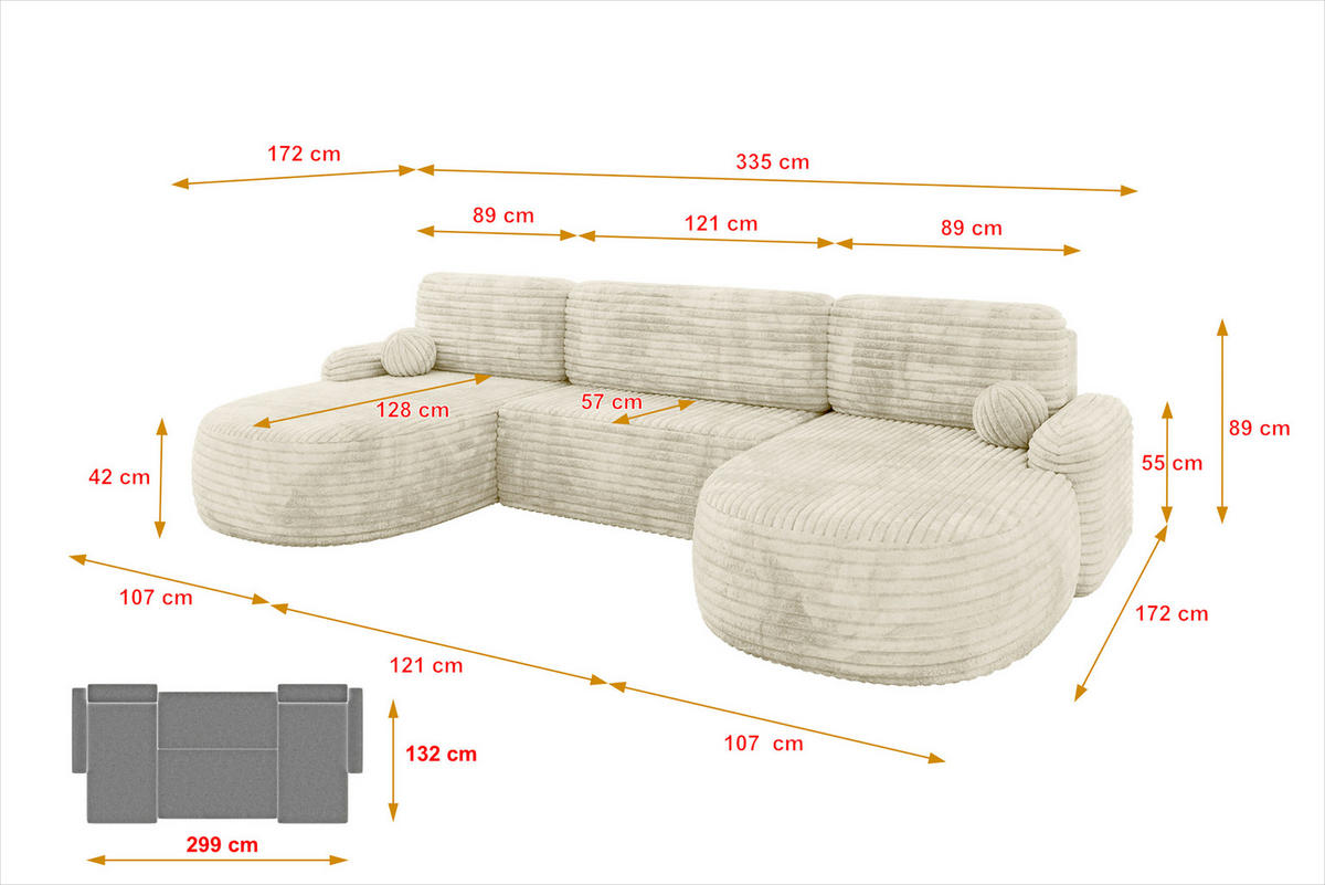 WOHNLANDSCHAFT mit Schlaffunktion und Bettkasten LIRA-U - 335x172x89 Creme - Ecru, Holzwerkstoff/Textil (335/89/172cm) - ALTDECOR