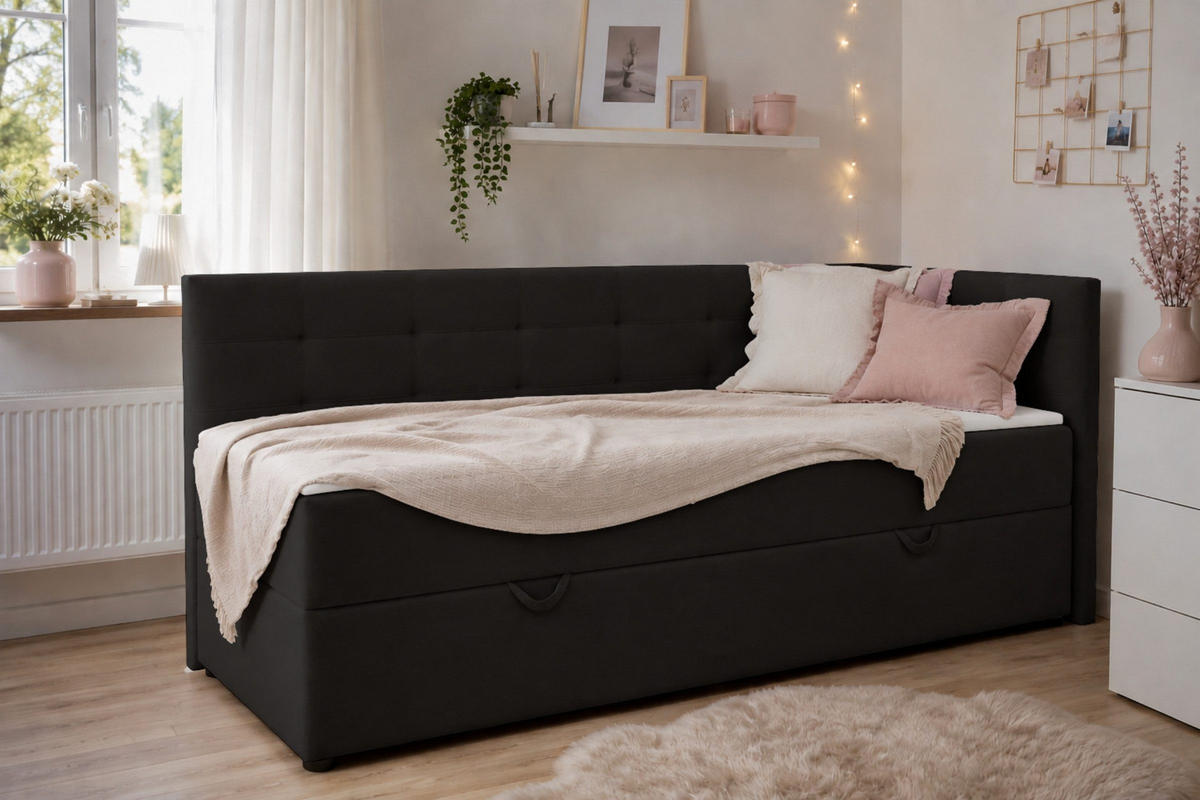 BOXBETT FAVIO 100/200 in Velours Schwarz H3 - Dunkelblau, Holz/Holzwerkstoff (100/200cm) - Deine Möbel 24