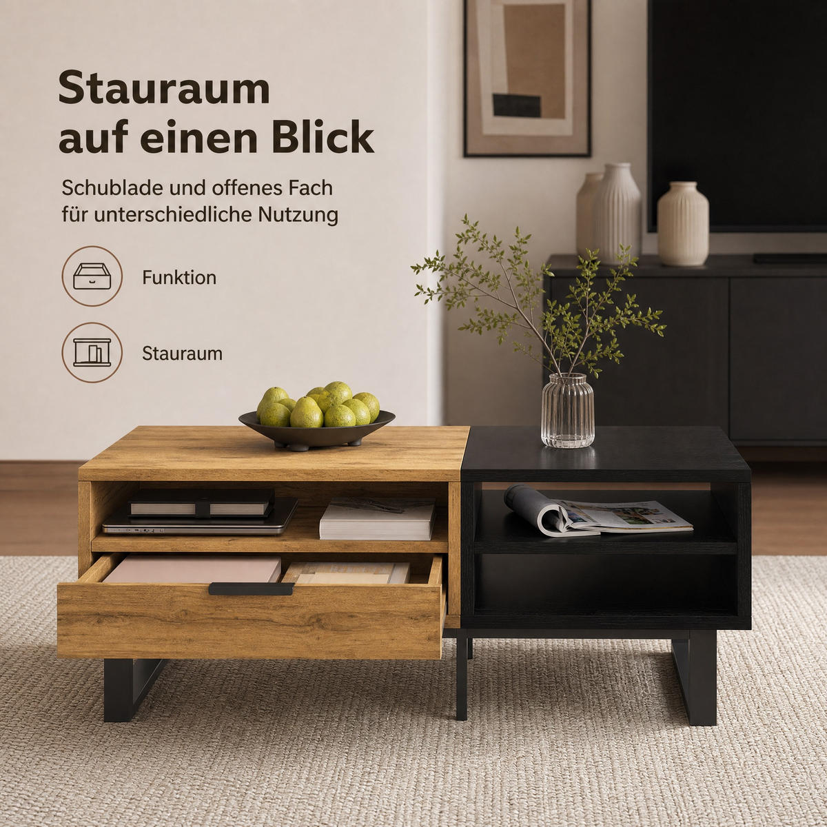 COUCHTISCH 100/50/40 cm Natur/Schwarz aus Spanplatte mit Fächern und Schublade - Naturfarben, Holzwerkstoff (100/50/40cm) - OKMYHOME
