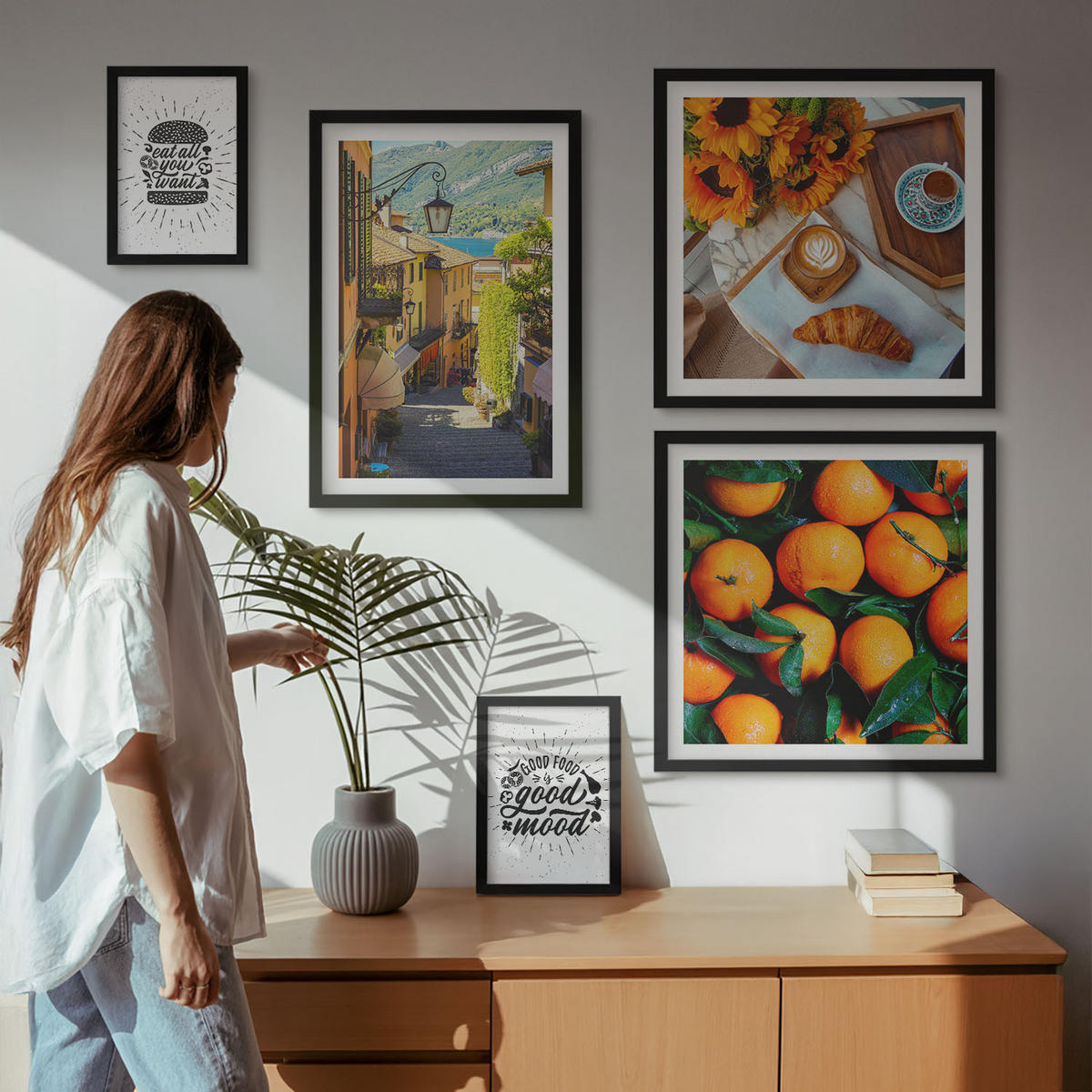 BILDER SET 5er Set - 50x50 cm & 20x30 cm & 40x60 cm Schwarzer Rahmen - Juicy Oranges Kitchen - Schwarz, Kunststoff (40/60cm) - TULUP