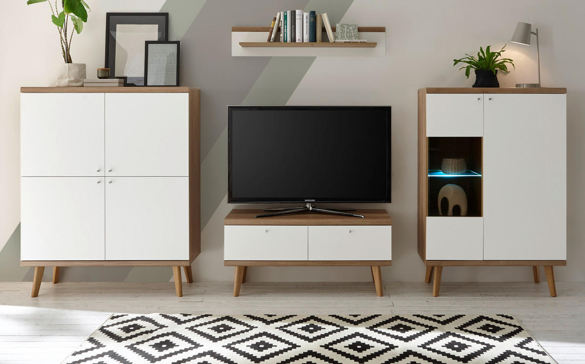 WOHNWAND weiß Eiche Riviera, Schrankwand skandinavisch 4-teilig 324 x 160 cm - Eichefarben/Weiß, Holzwerkstoff/Metall (324/160/40cm)