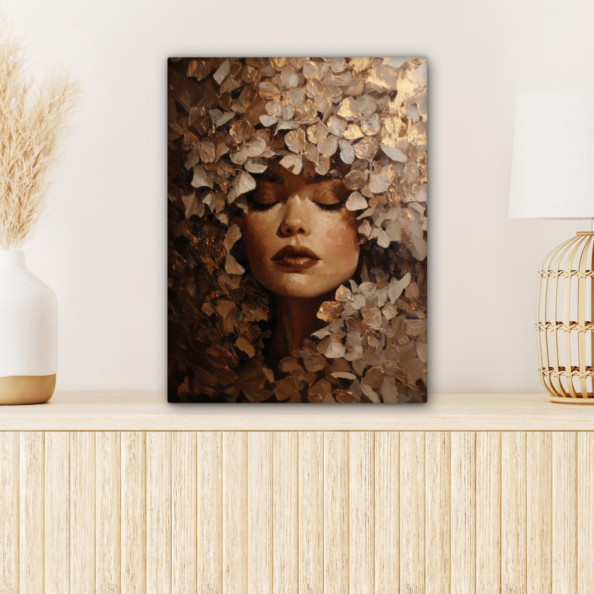 LEINWANDBILD Gesicht - Dame - Blätter - Pinselstriche Room Decor 30x40 cm - Goldfarben, Textil (30/40cm) - MuchoWow