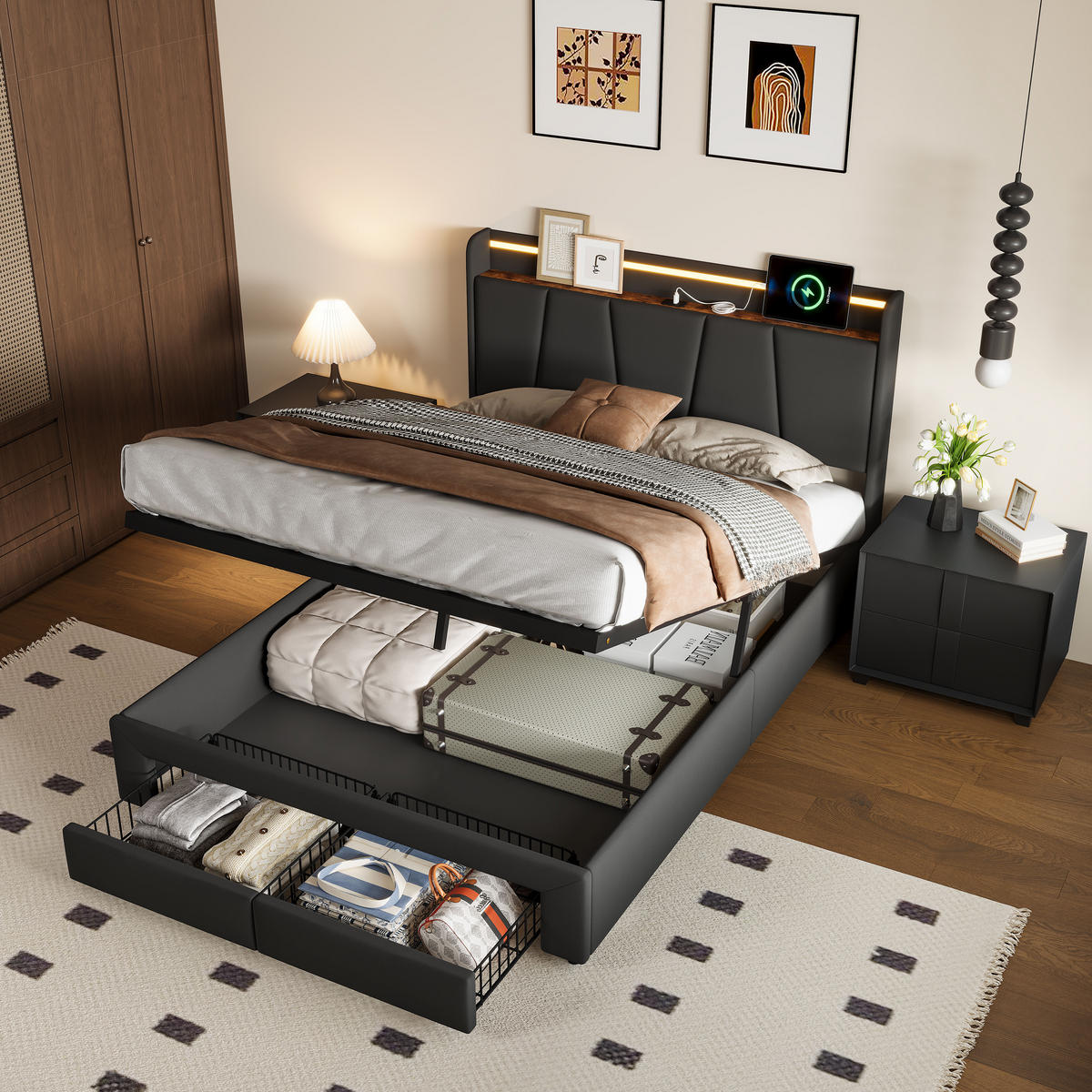 POLSTERBETT 160x200 cm, Bett mit LED-Beleuchtung, Grau Leinen - Schwarz, Metall (160/200cm)