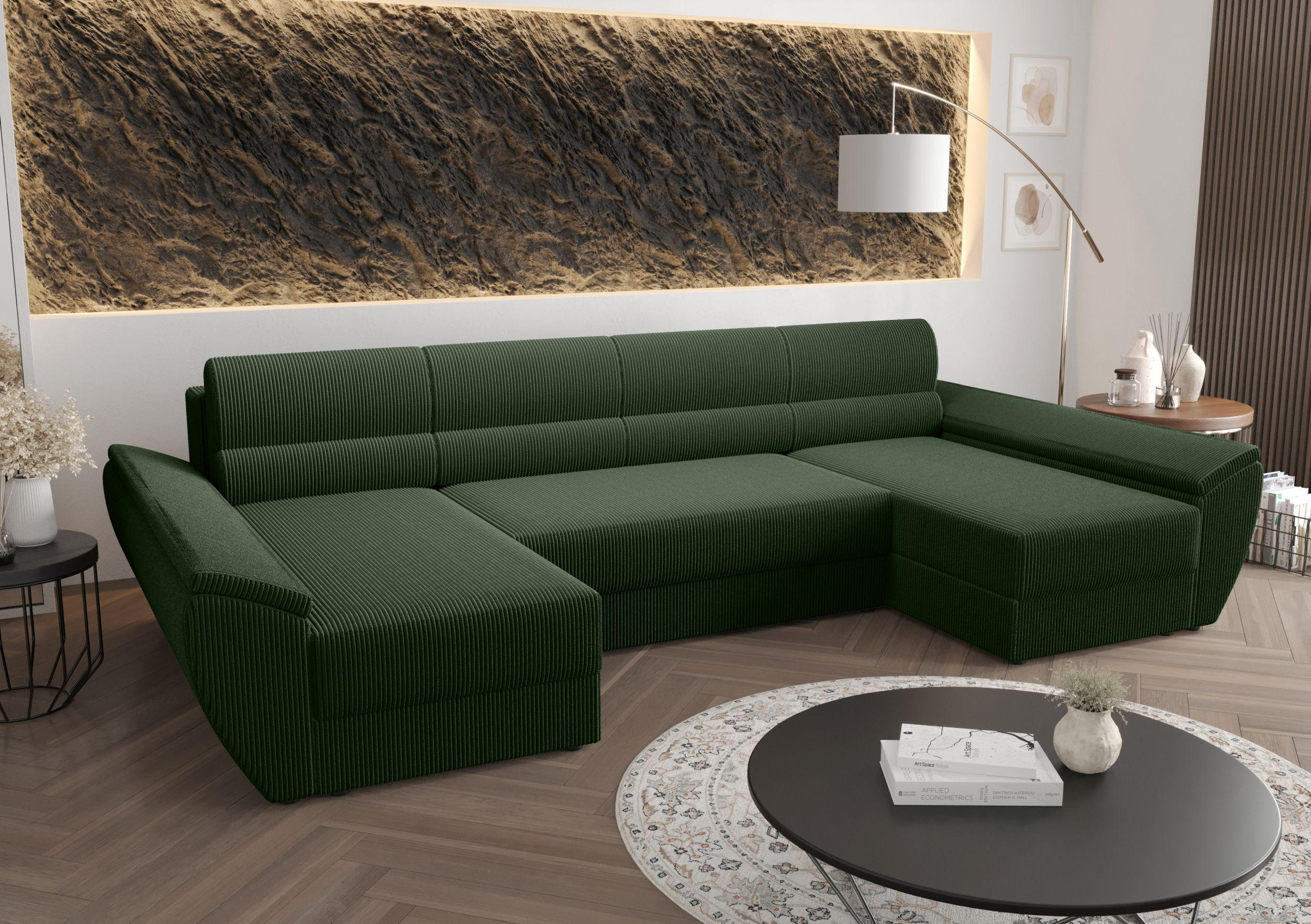 WOHNLANDSCHAFT REBIU4 Poso 14 mit Schlaffunktion - Dunkelgrün, Textil (326/86/140cm) - Bedante