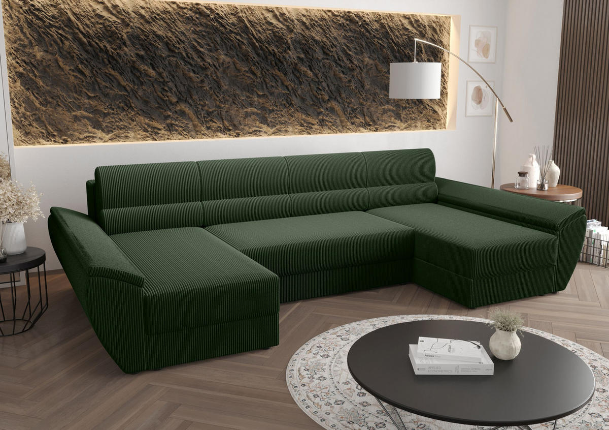 WOHNLANDSCHAFT REBIU4 Poso 14 mit Schlaffunktion - Dunkelgrün, Textil (326/86/140cm) - Bedante