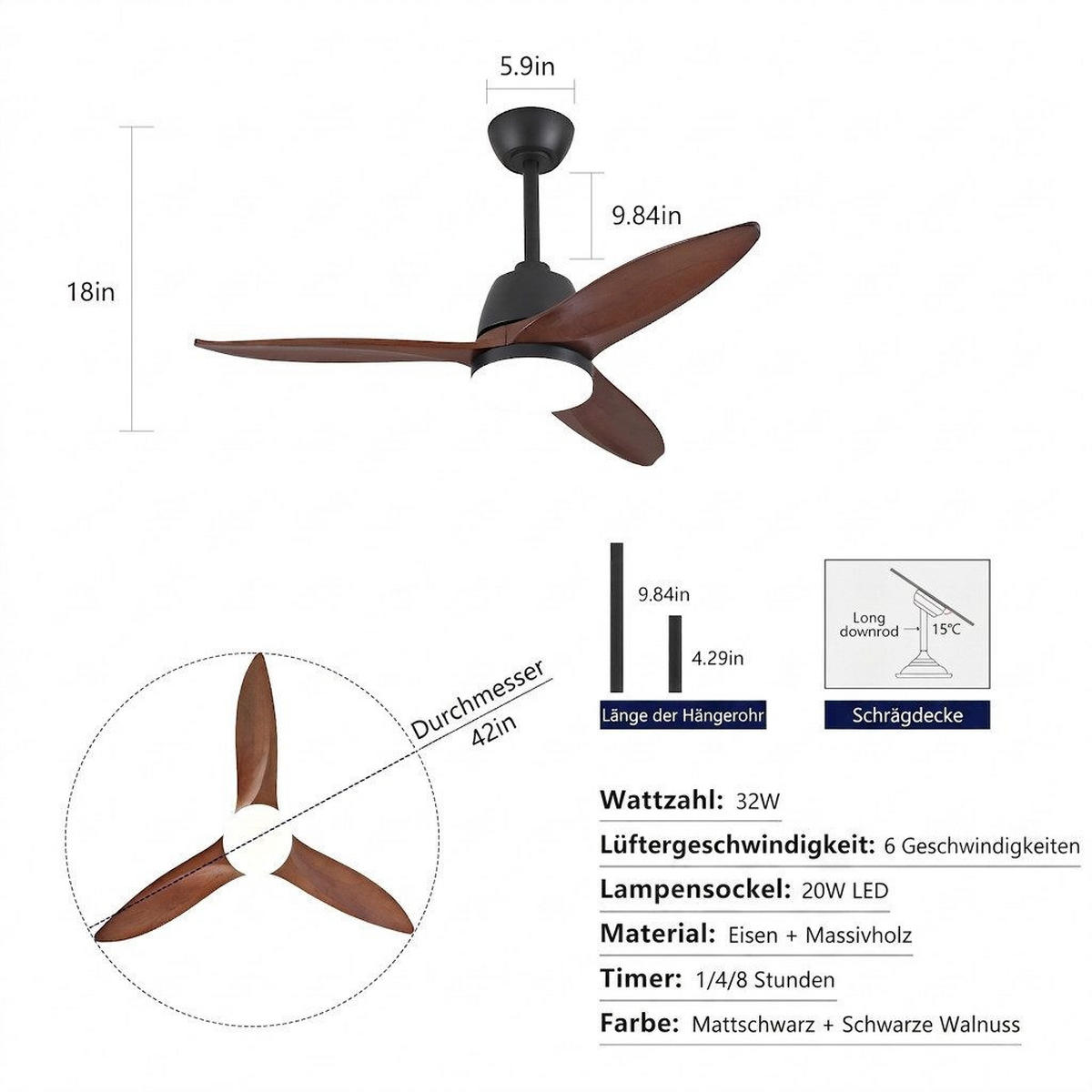 DECKENVENTILATOR mit LED-Licht 3 Farbtemperaturen Wendbar - Braun, Holzwerkstoff (107/107/46cm) - BEXEVUE