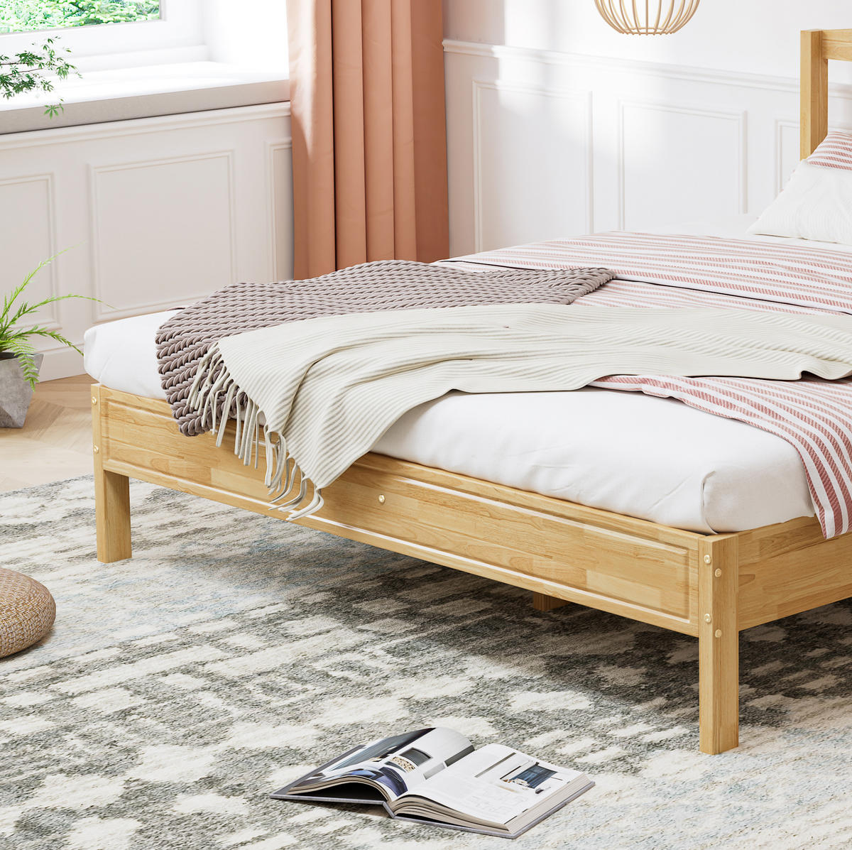 POLSTERBETT aus Kiefer und PE-Rattan 160x200 cm Natur mit 15 Latten, Mittelfüßen und Rattandetails - Naturfarben, Holzwerkstoff (160/200cm) - Modfu