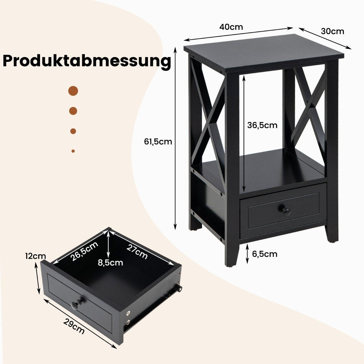 NACHTTISCH Schwarz Holzwerkstoff 40/30/61.5 cm - Schwarz, Holzwerkstoff (40/61.5/30cm) - Gemütlich Home