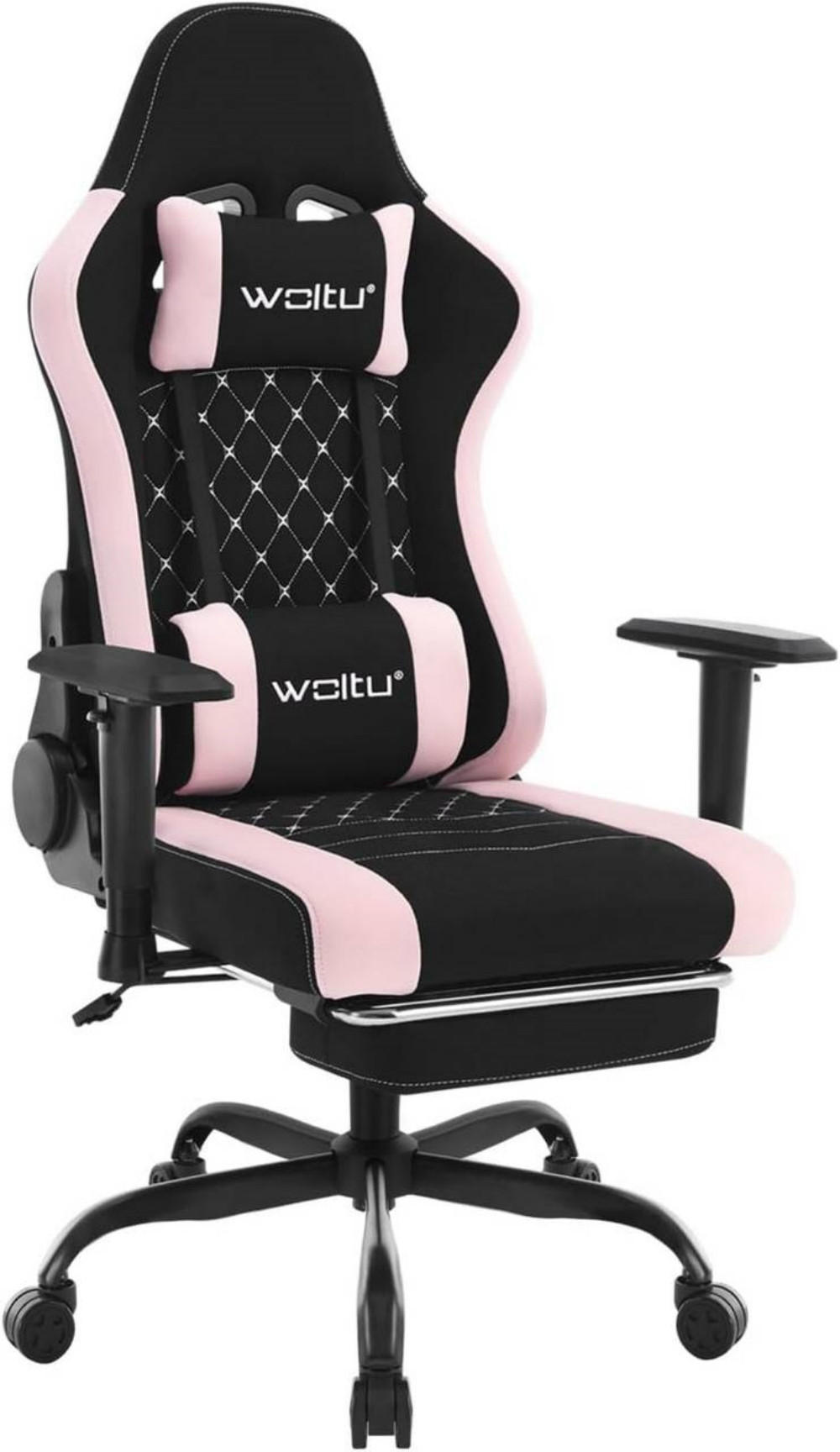 GAMINGSTUHL mit Lendenkissen, Massagefunktion, Schwarz+Rosa - Schwarz/Rosa, Textil/Metall (70/129/57.5cm) - Woltu