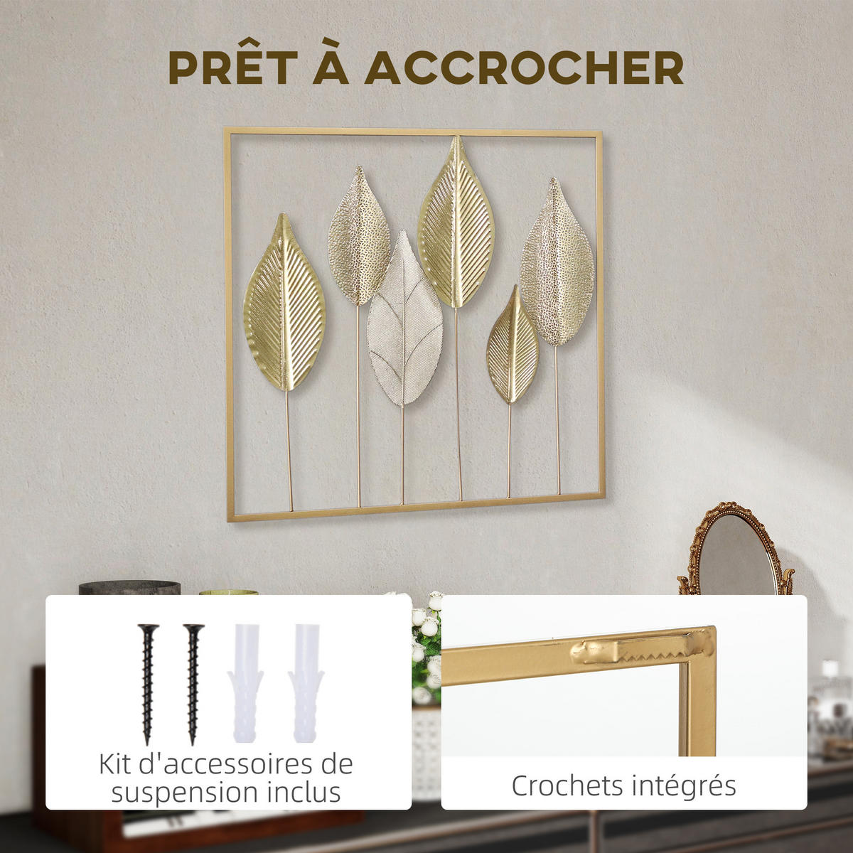 WANDDEKO DE-14327 modernes Blatt-Design Gold - Goldfarben, Metall (2.5/70/70cm) - ComfortXL