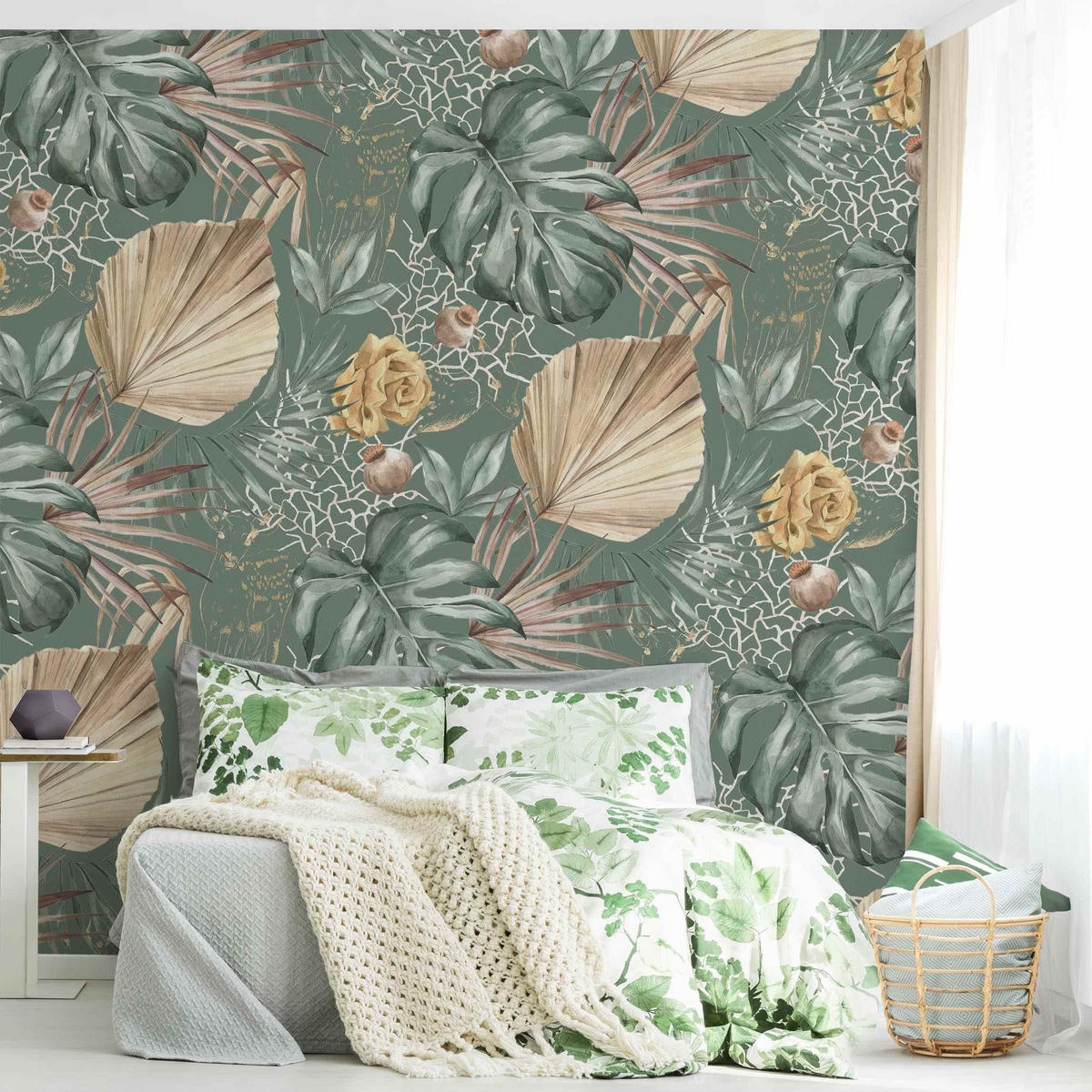 FOTOTAPETE Große Blätter mit Rosen vor Grün 288/288 cm - Grün, Papier (288/288cm) - Bilderwelten
