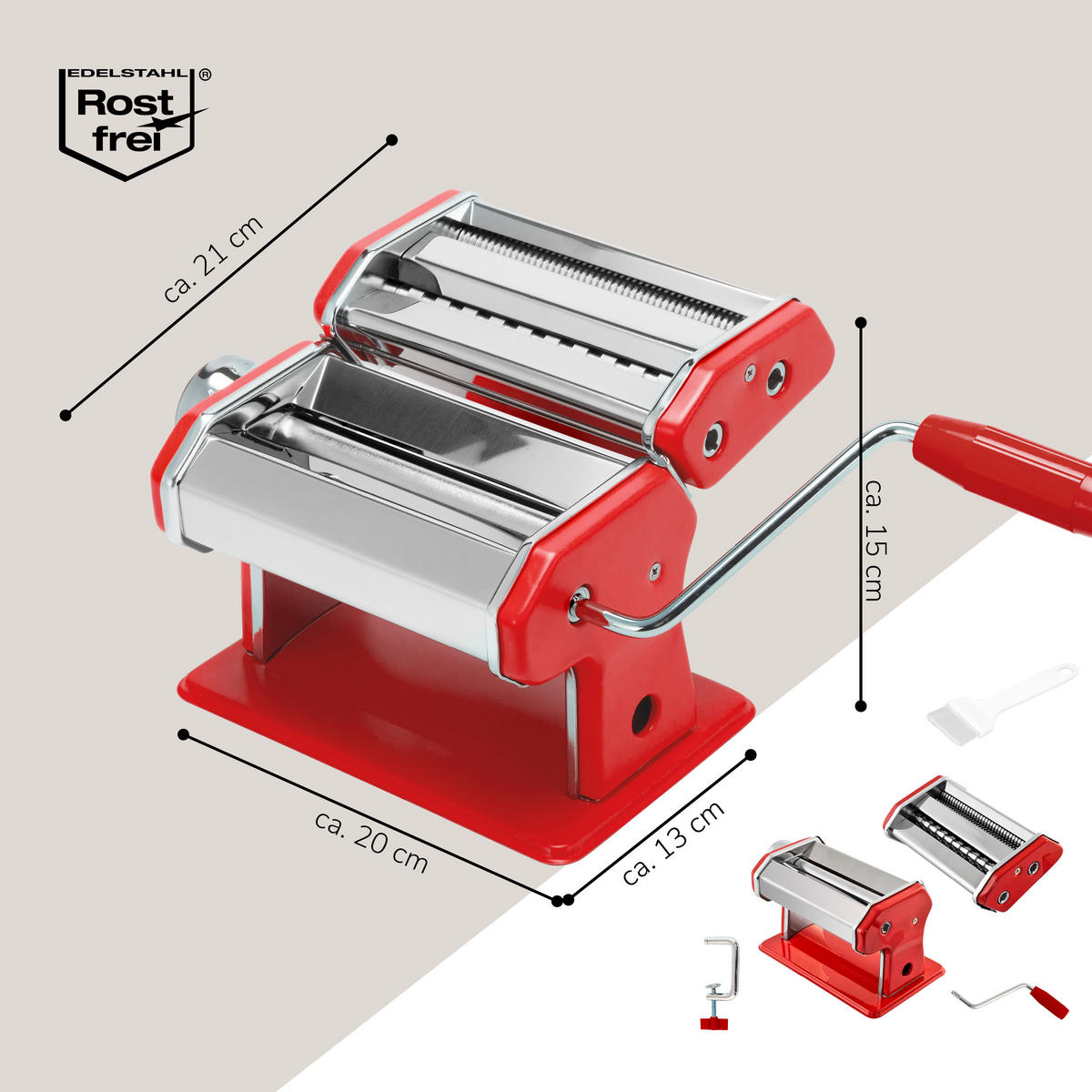 NUDELMASCHINE inkl. Rezeptbuch, rot/Edelstahl - Rot, Metall (21/20/15cm) - bremermann