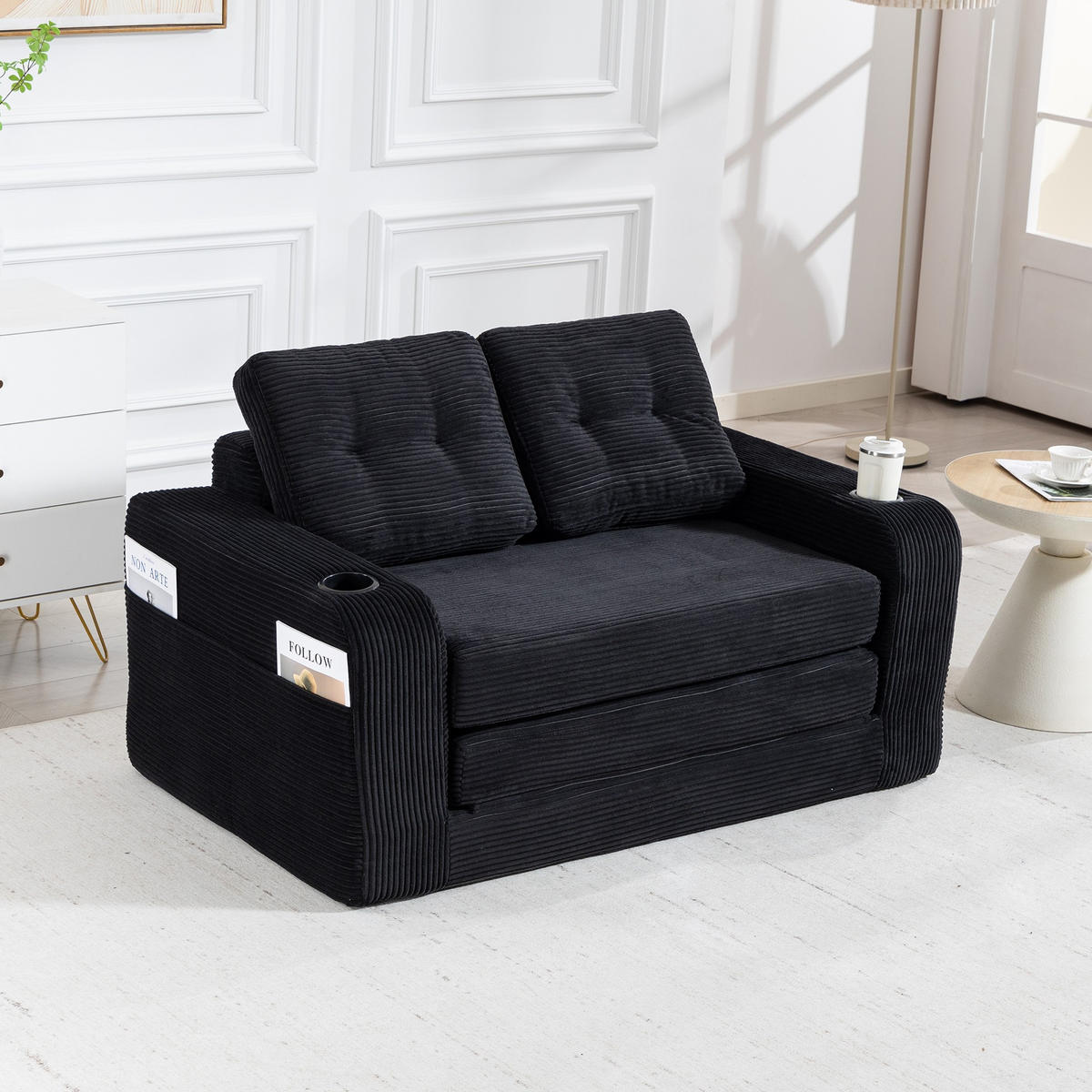 SCHLAFSOFA 2-Sitzer Sofa mit 2 Zierkissen,Lounge Sofa,Polstersofa,Cord,Schwarz - Schwarz, Textil (136/82.5/80cm) - LVHOM
