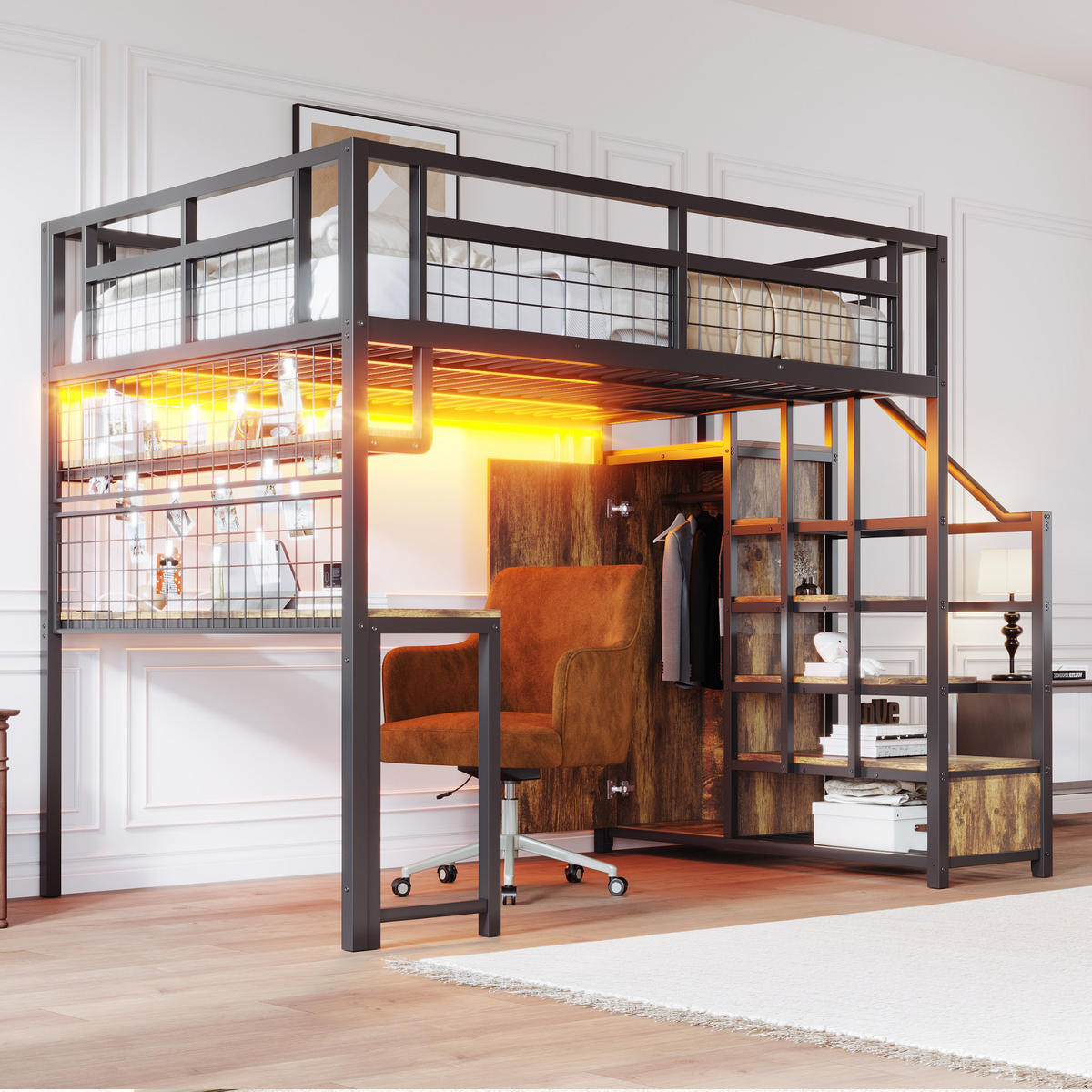 HOCHBETT 140/200 cm in Schwarz mit Stauraumtreppe, Kleiderschrank, Tisch und Steckdose - Schwarz, Holzwerkstoff/Metall (140/200cm) - WISHDOR