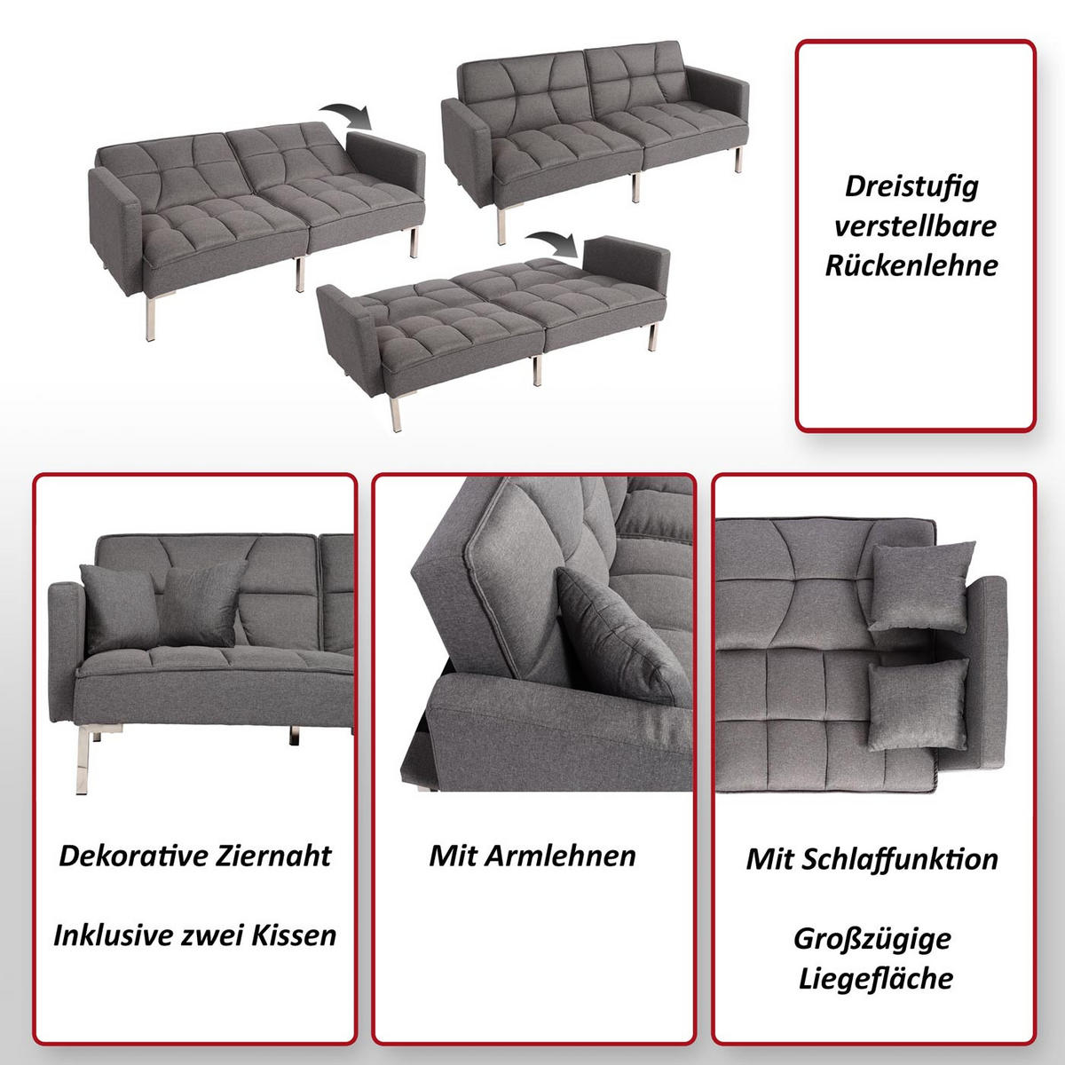SCHLAFSOFA Grau - Grau, Textil (190/83/87cm) - MCW