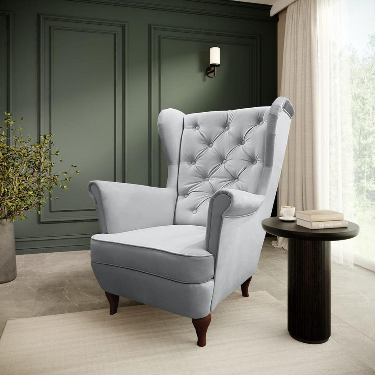 CHESTERFIELD-SESSEL Falco hellgrau mit Holzbeinen - Wengefarben/Hellgrau, Holz/Textil (82/102/92cm) - Beautysofa