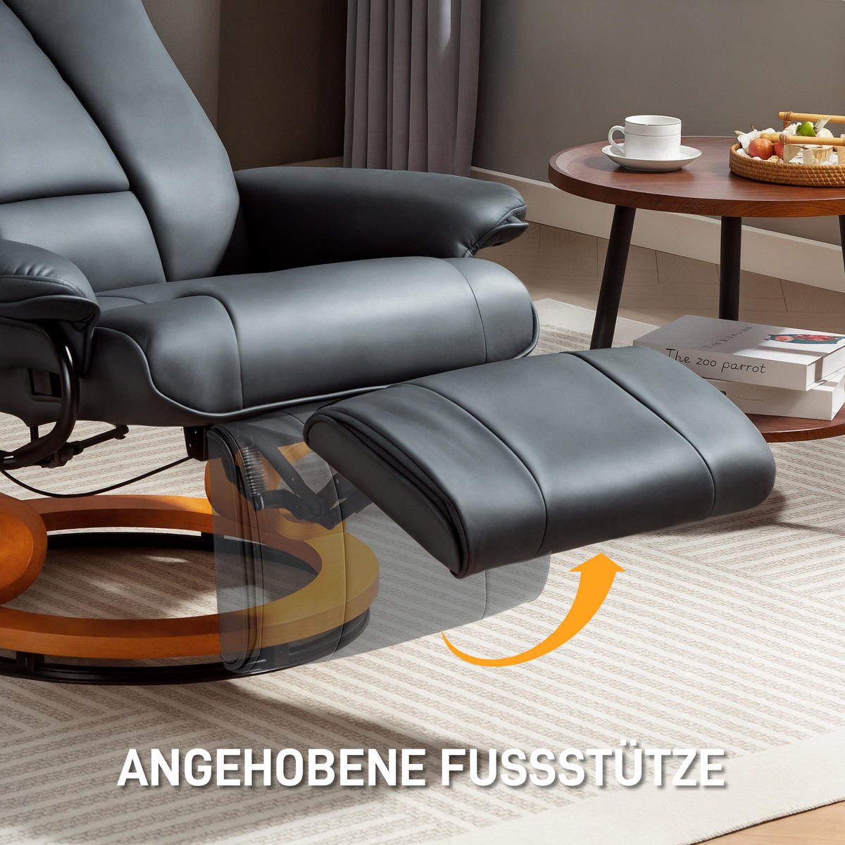 RELAXSESSEL, drehbarer TV-Sessel, Liegefunktion, Fußstütze Lederoptik Dunkelgrau - Dunkelgrau, Leder/Holzwerkstoff (88/103/78cm) - HOMCOM