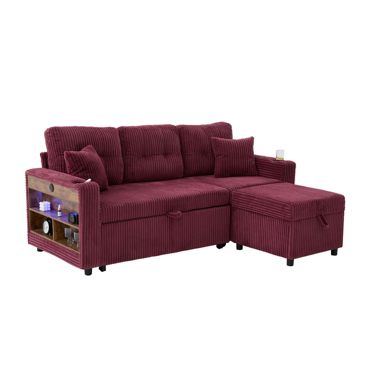ECKSOFA mit Stauraumfunktion,Cordstoff,WEINROT - Dunkelrot, Textil (144/195cm) - KOMHTOM