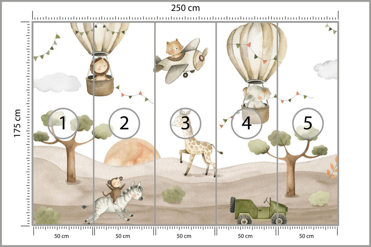 FOTOTAPETE für Kinderzimmer Tiere Ballons Flugzeuge Safari Bäume Hügel 250x175 - Beige/Braun, Papier (250/175cm) - Muralo