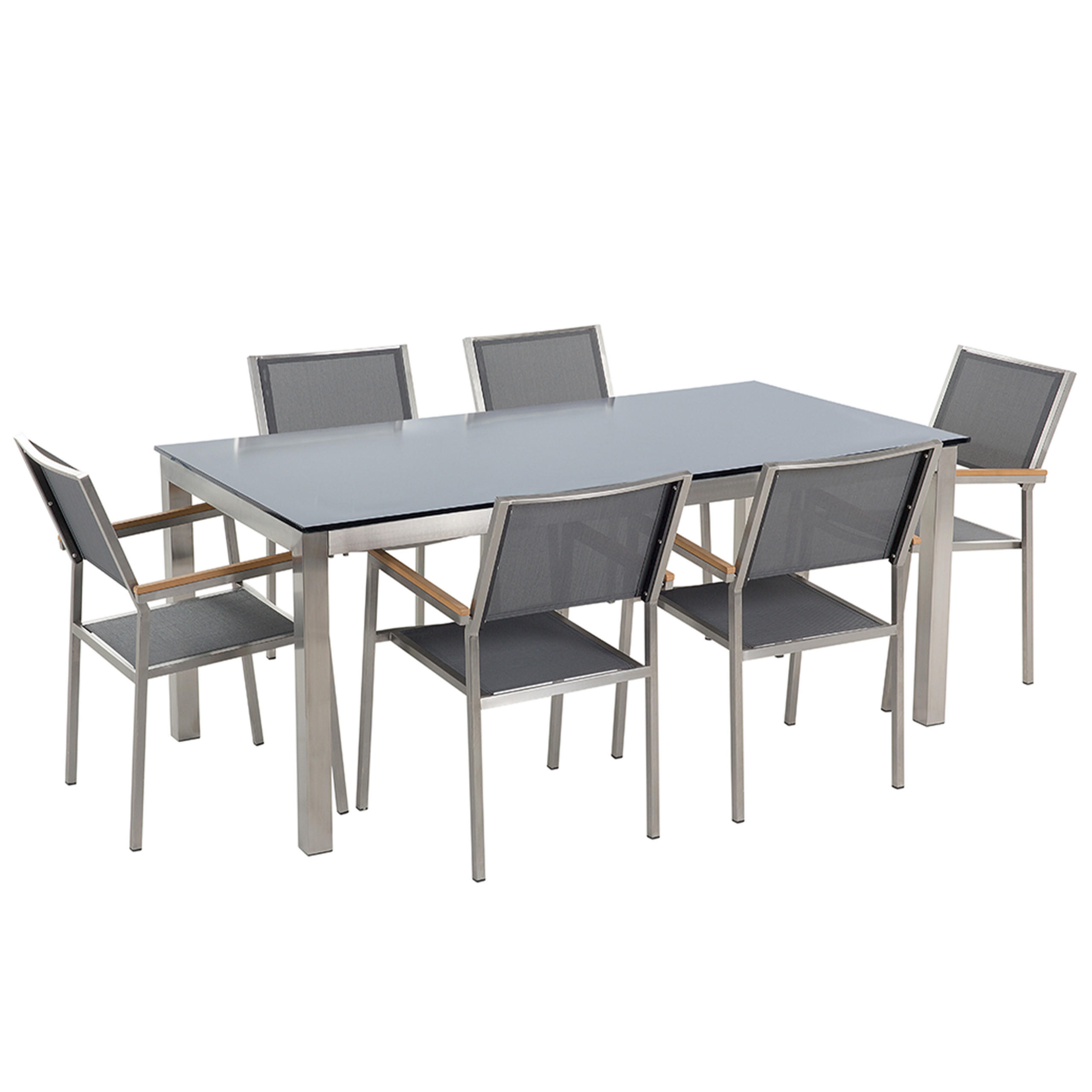 GARTENMÖBEL SET 6-Sitzer Glasplatte schwarz Textilbespannung grau Grosseto - Silberfarben/Schwarz, Glas - Beliani