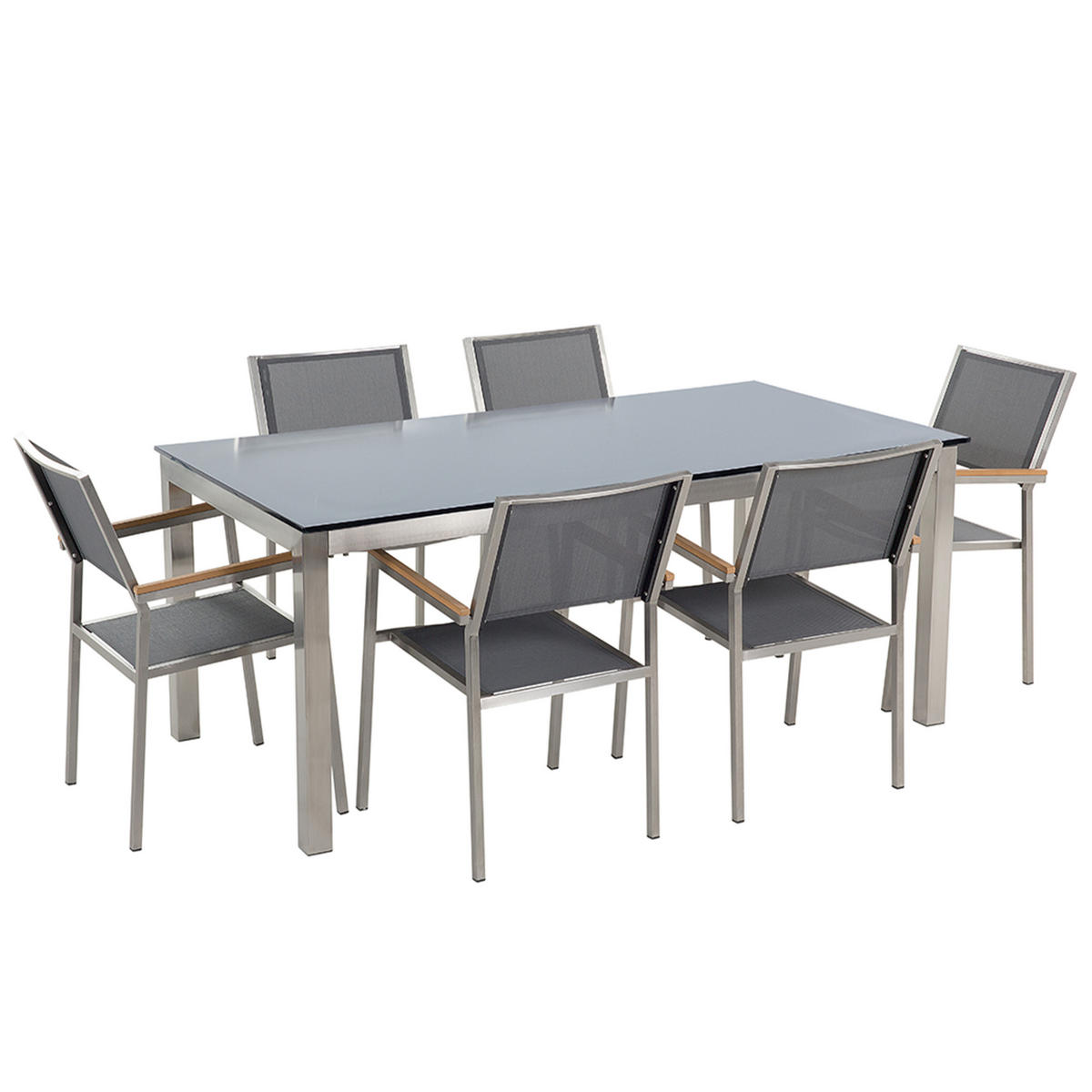GARTENMÖBEL SET 6-Sitzer Glasplatte schwarz Textilbespannung grau Grosseto - Silberfarben/Schwarz, Glas - Beliani