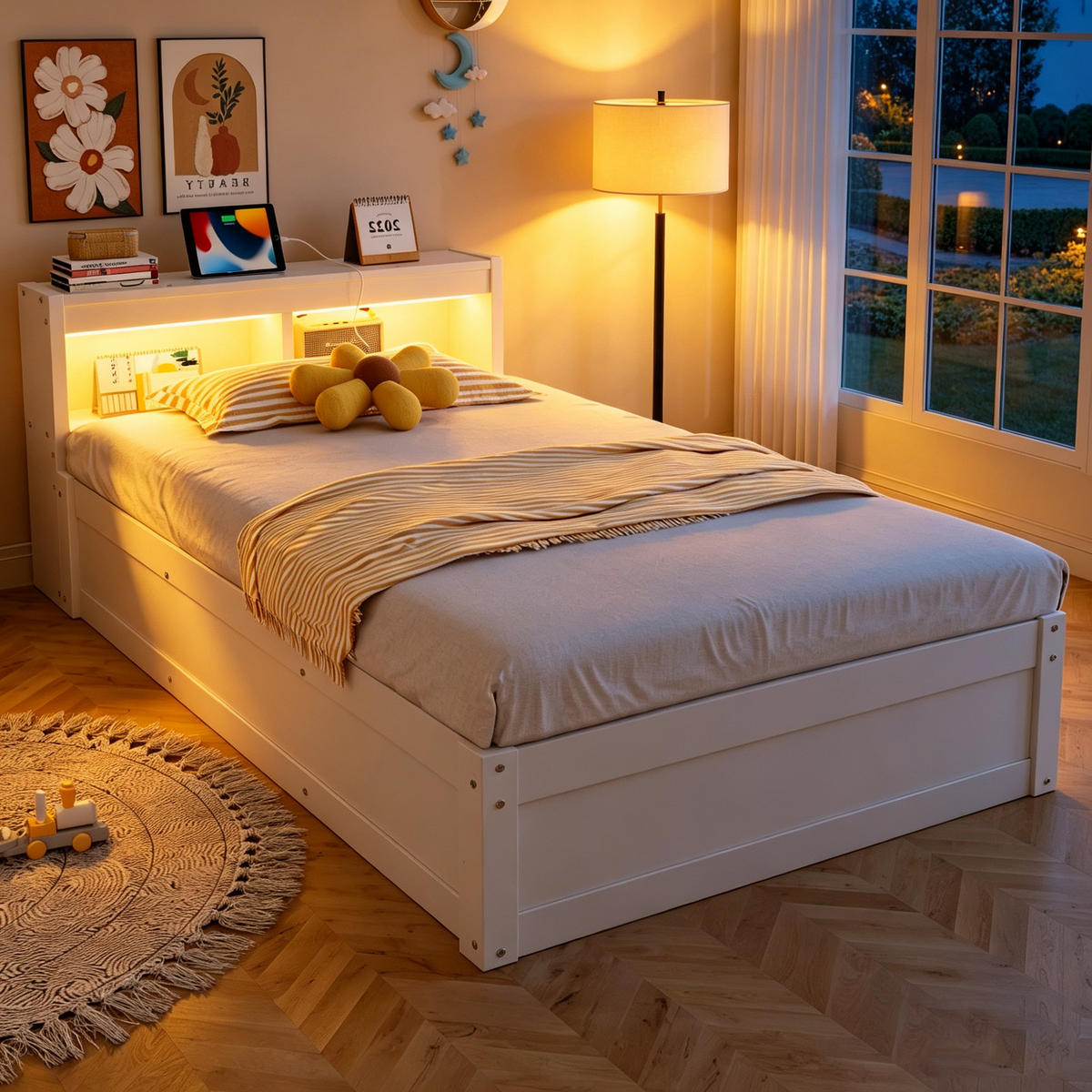 SCHLAFSOFA 90x200cm LED Stauraum Steckdose Massivholz Weiß - Weiß, Holzwerkstoff (90/200cm) - FLIEKS