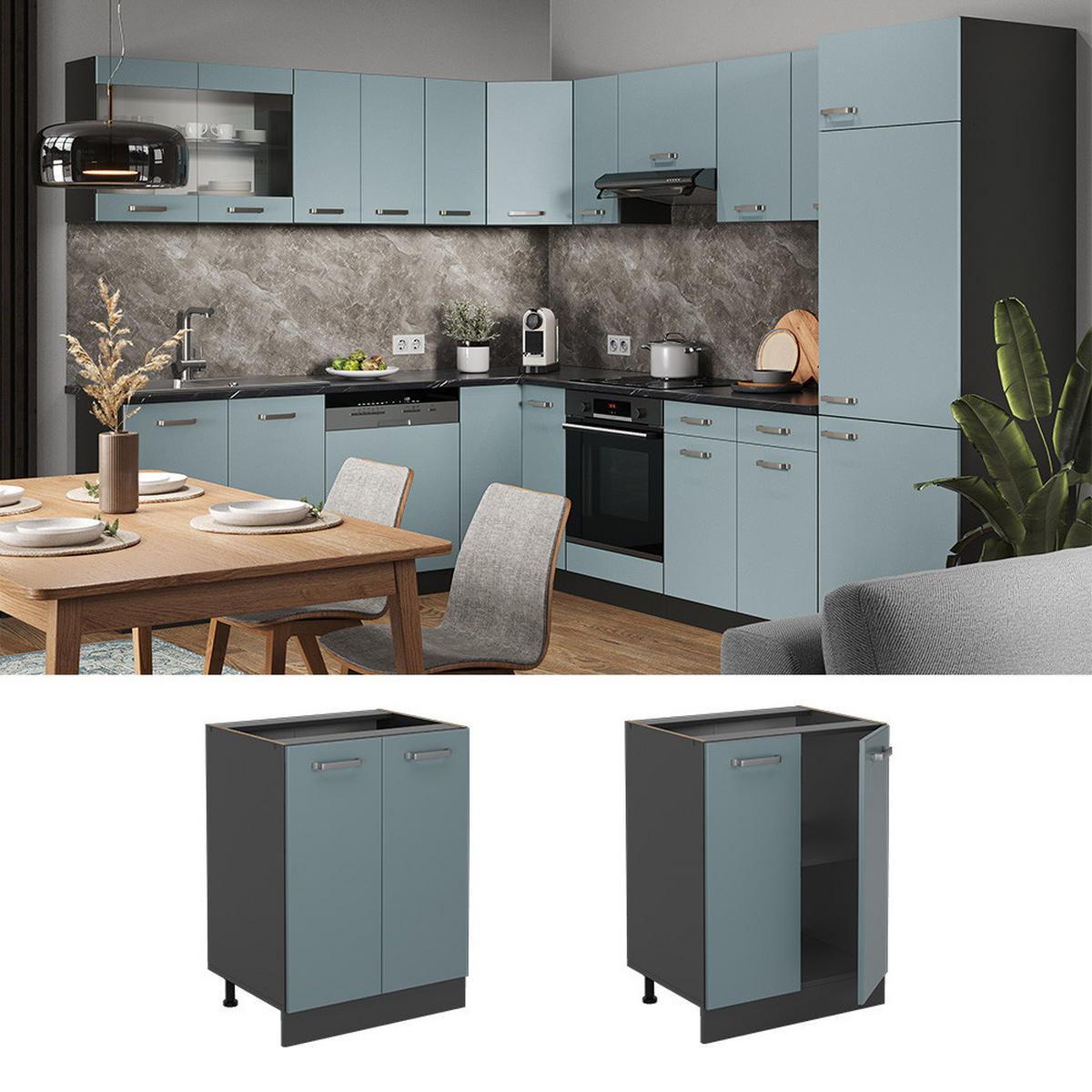 KÜCHENUNTERSCHRANK KÜCHENSCHRANK R-Line Blau-Grau 60 cm ohne AP - Anthrazit/Blaugrau, Holzwerkstoff (60/81.6/46cm) - Vicco