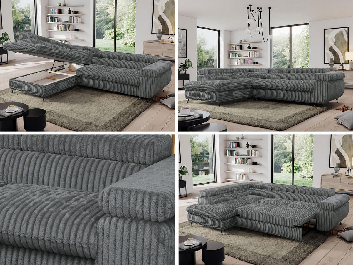 ECKSOFA PEDRO L Dunkelgrau Cord - Links Seite - Dunkelgrau/Schwarz, Textil/Metall (208/273cm) - MKS