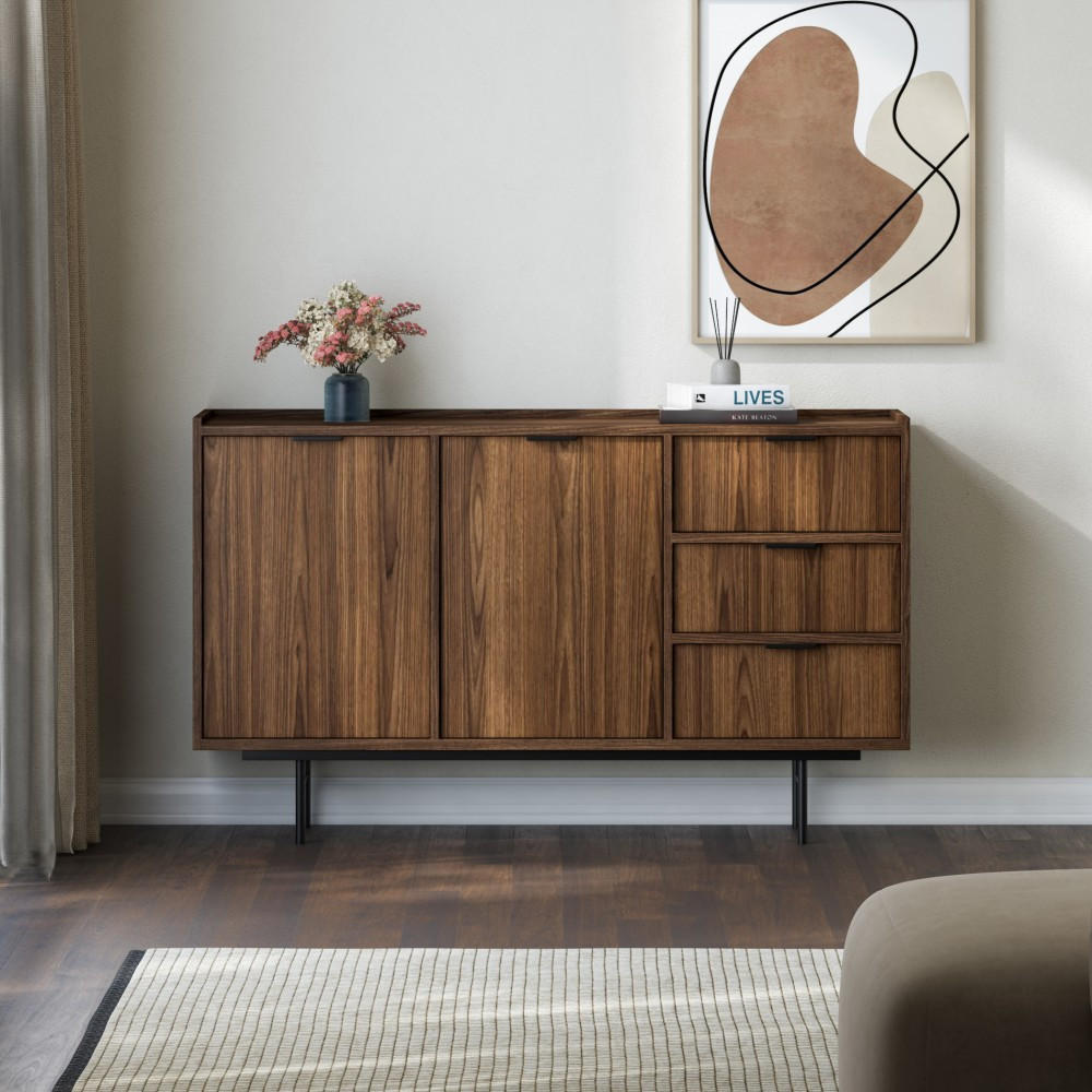 KOMMODE Evron mit 3 Schubalden und 2 Türen, Walnuss - Walnussfarben/Schwarz, Holzwerkstoff/Metall (150/90/40cm) - Beautysofa