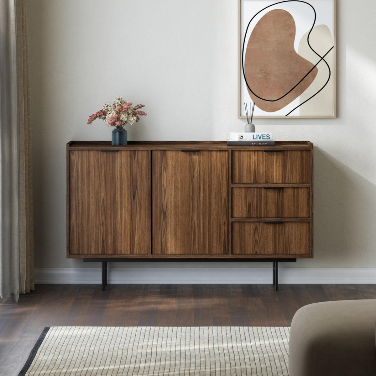 KOMMODE Evron mit 3 Schubalden und 2 Türen, Walnuss - Walnussfarben/Schwarz, Holzwerkstoff/Metall (150/90/40cm) - Beautysofa