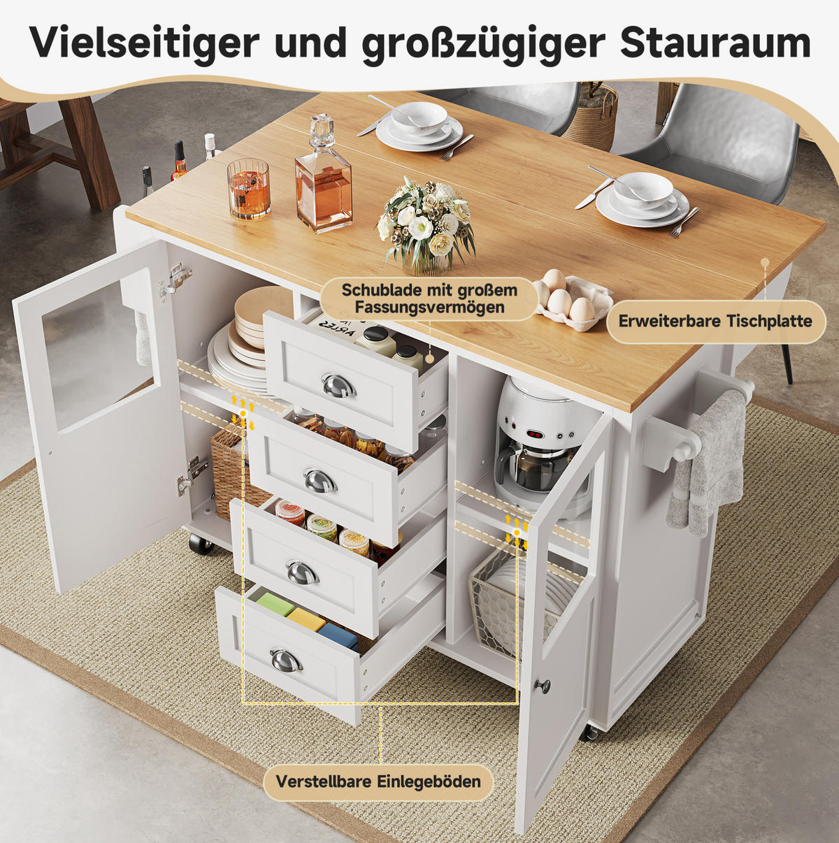 KÜCHENINSEL 137,9/73/92,5 cm aus MDF und Metall mit klappbarer Arbeitsfläche Weiß - Weiß, Holzwerkstoff (137.9/92.5/73cm) - Modenvie